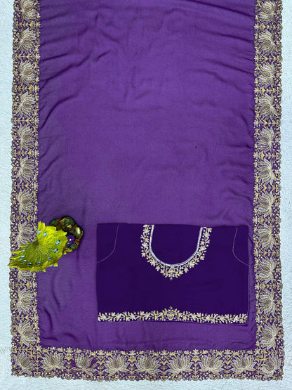 Wonderful Purple Color Embroidery Work Saree