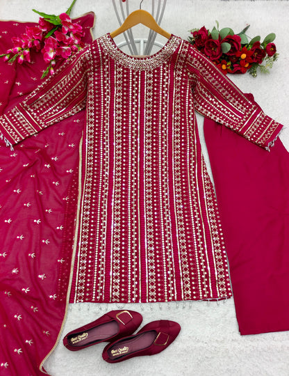 Glorious Dark Pink Color Embroidery Sequence Work Salwar Suit