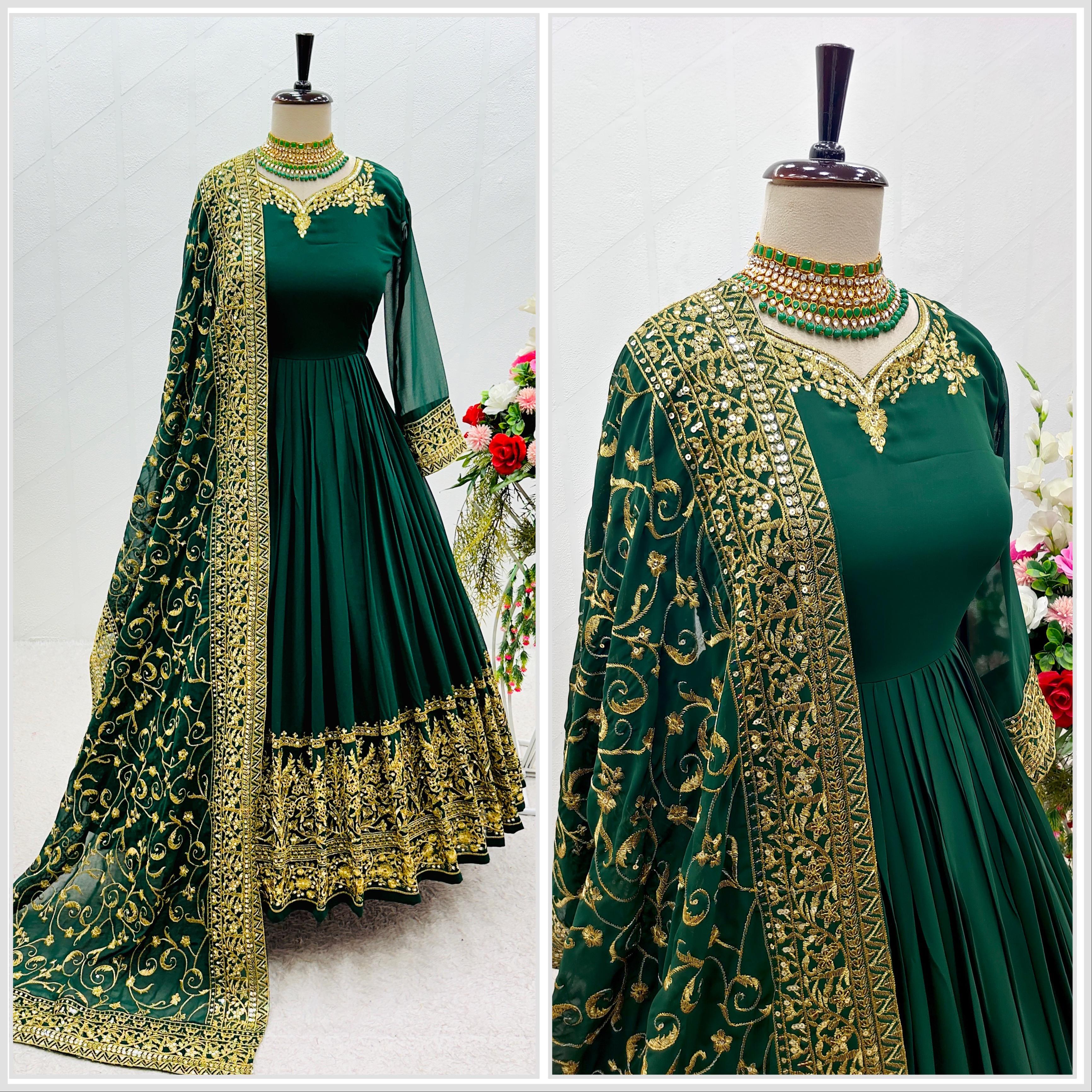 Stylish Embroidery Work Green Gown With Heavy Dupatta