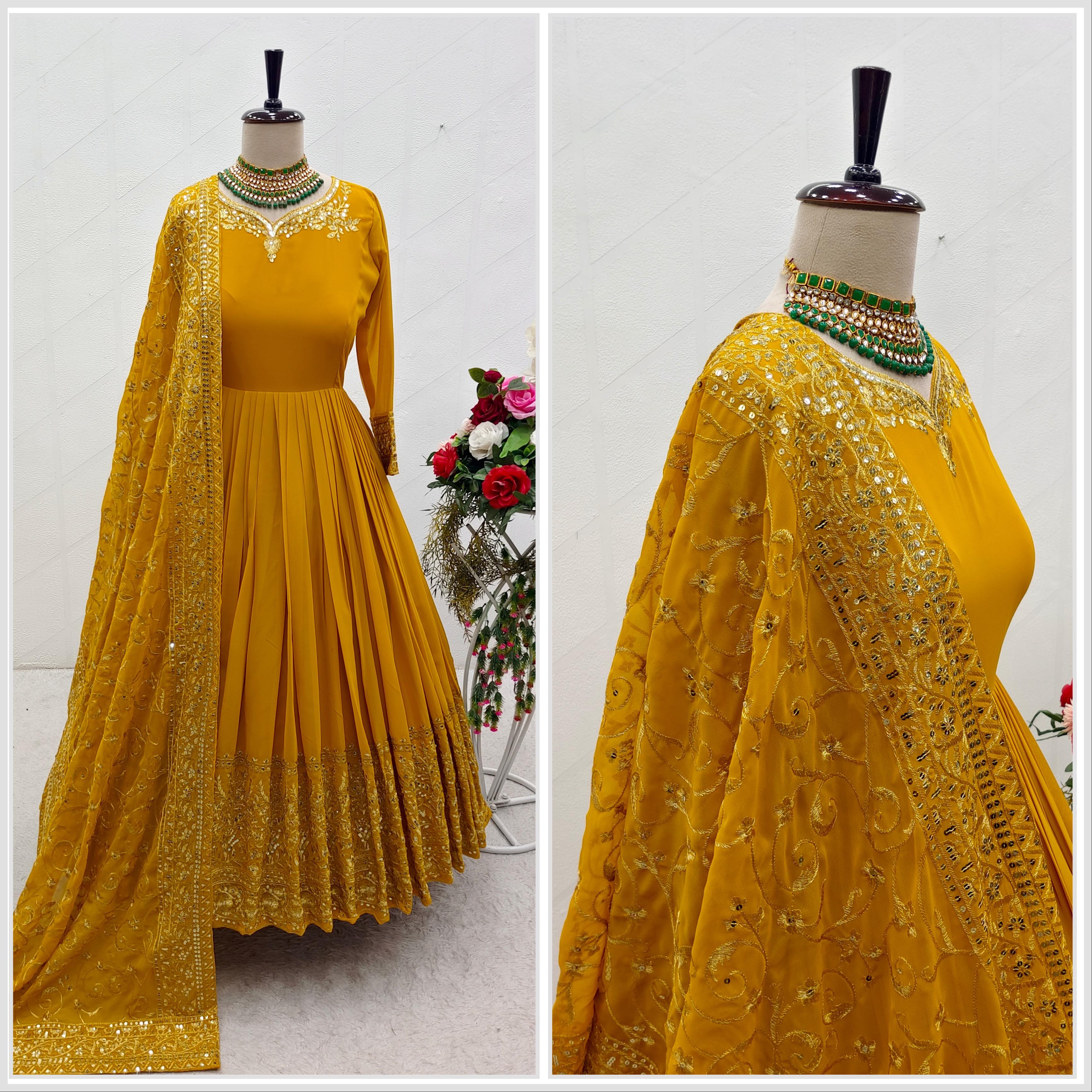 Stylish Embroidery Work Yellow Gown With Heavy Dupatta