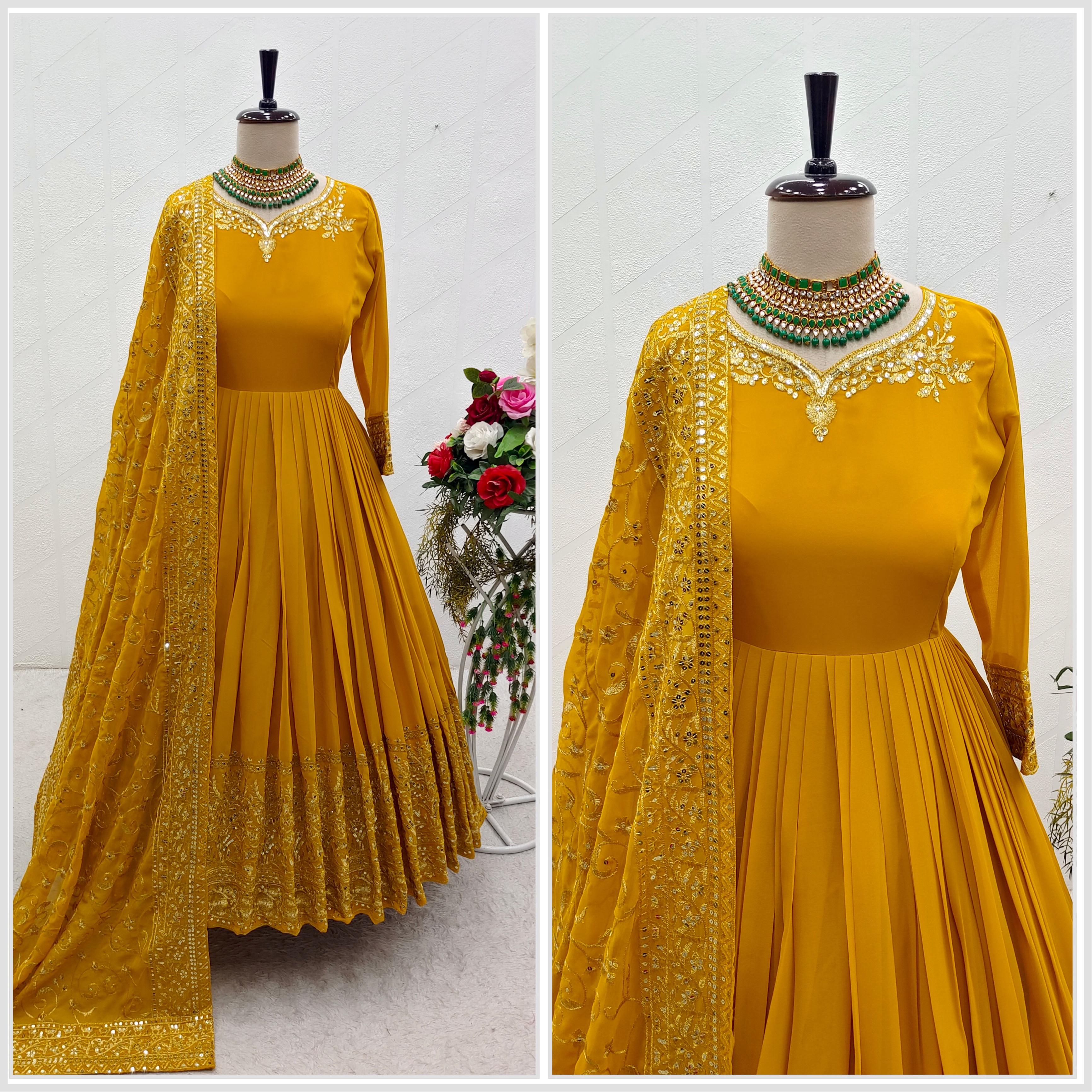 Stylish Embroidery Work Yellow Gown With Heavy Dupatta