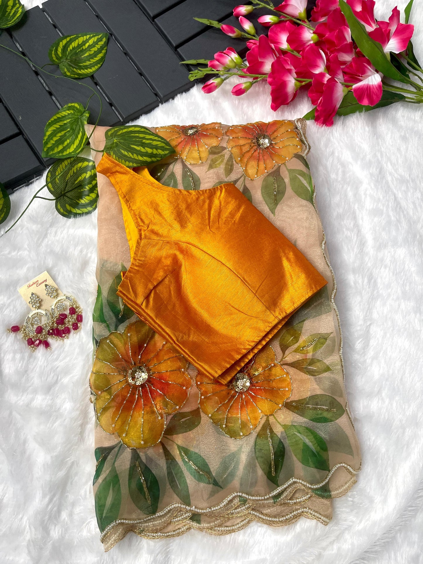 Precious Hand Work Mustard Color Organza Saree