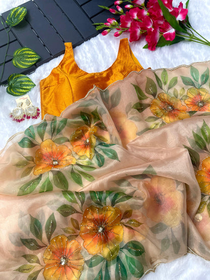 Precious Hand Work Mustard Color Organza Saree