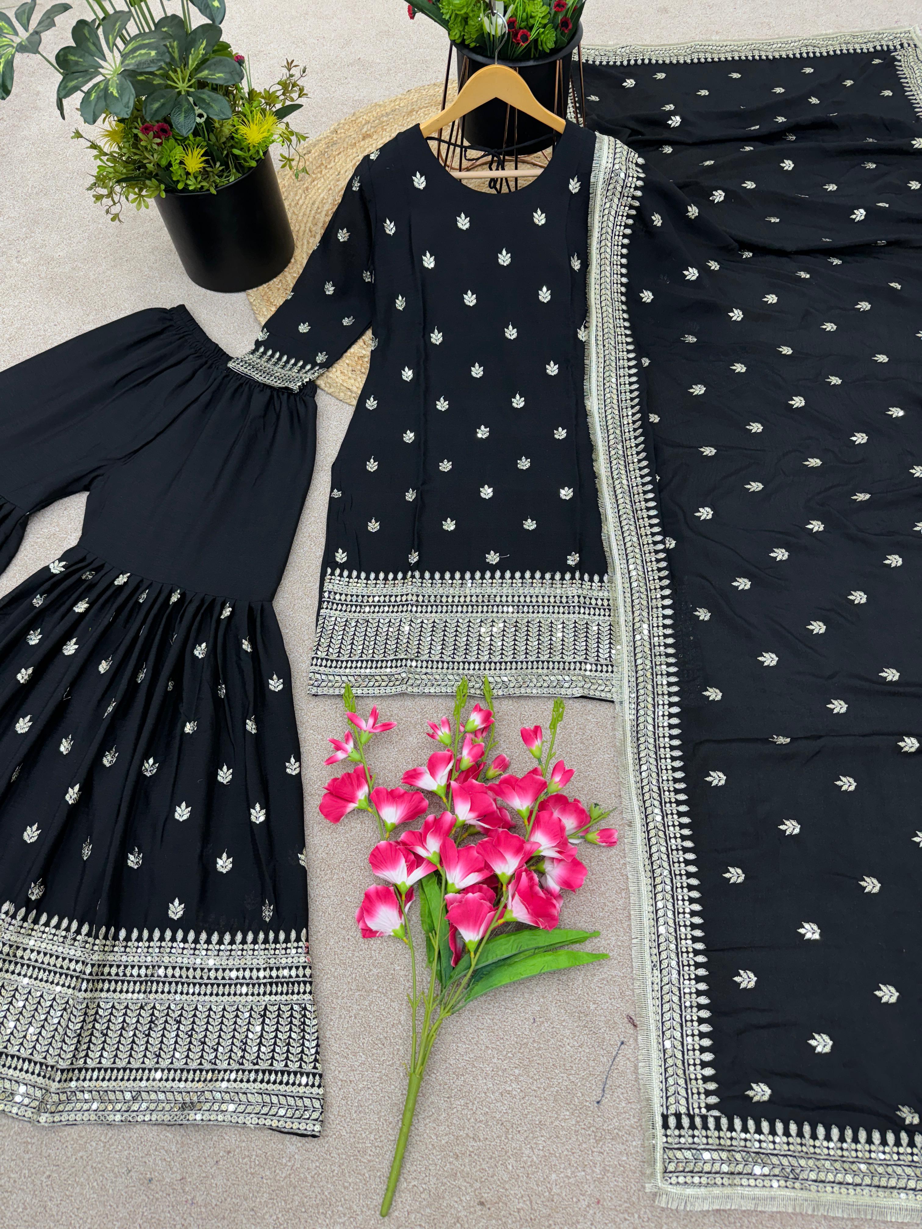 Ceremony Wear Black Color Fancy Work Sharara Suit