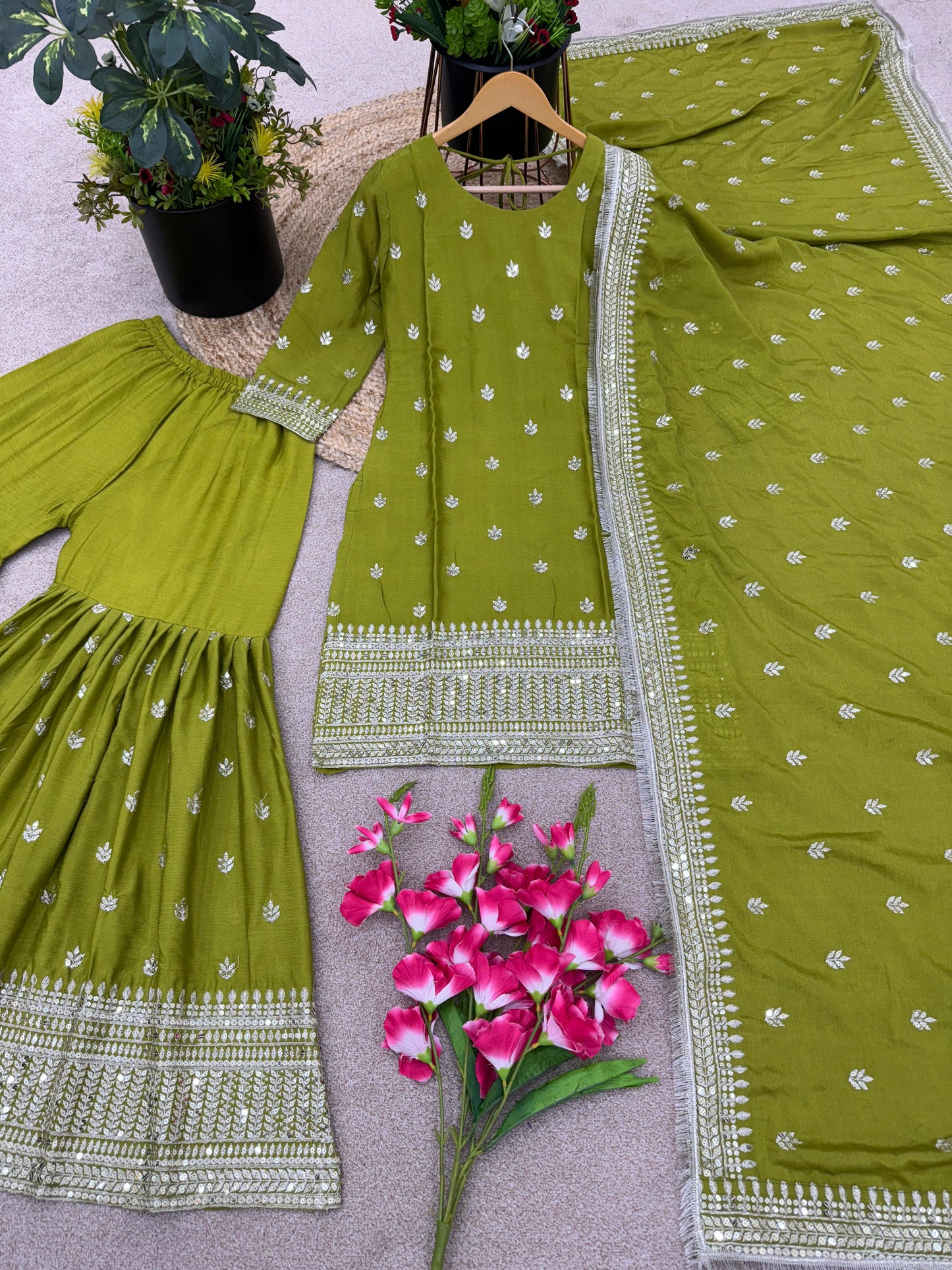 Ceremony Wear Green Color Fancy Work Sharara Suit