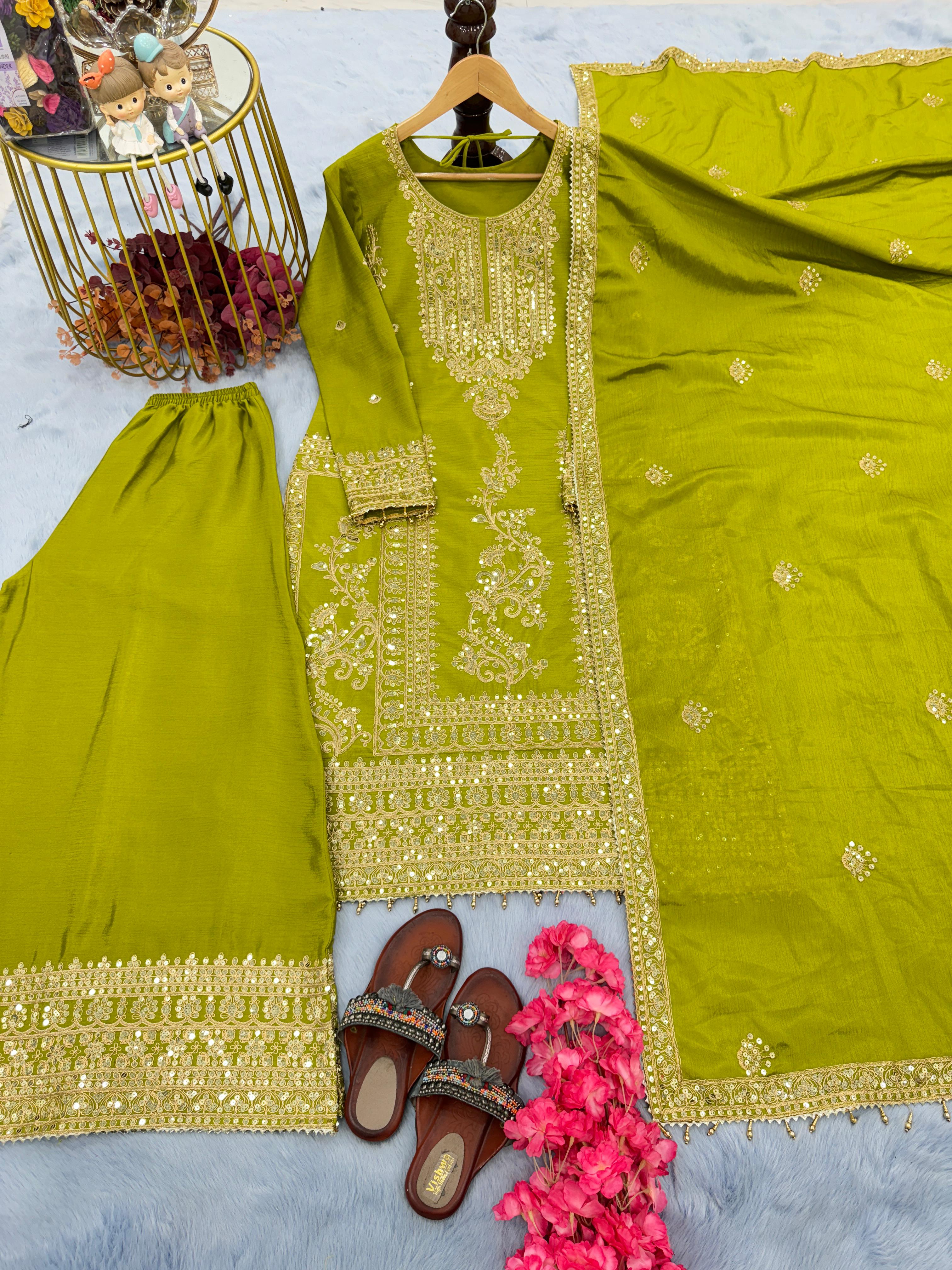 Shining Sequence Work Eid Special Green Sharara Suit