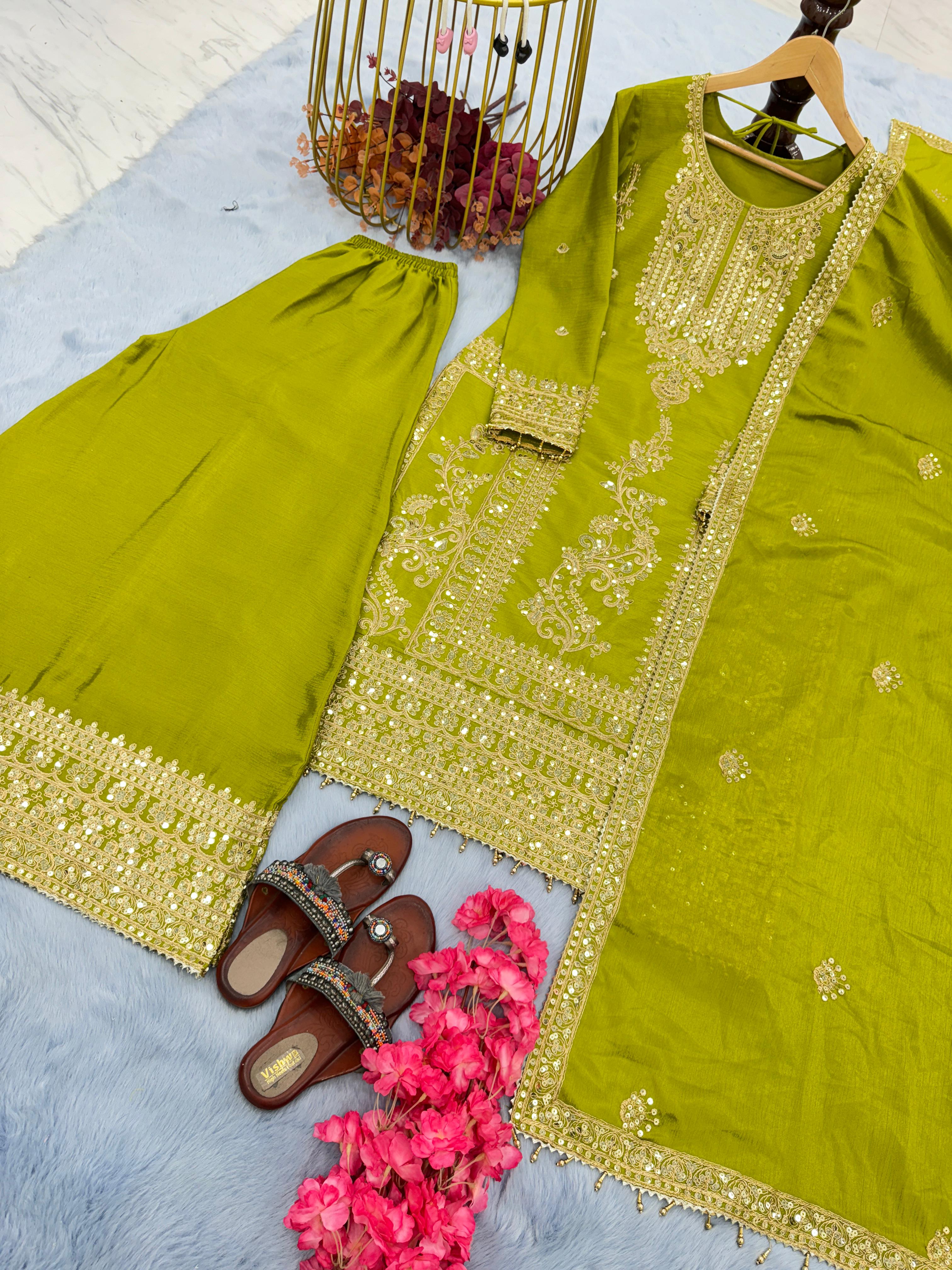 Shining Sequence Work Eid Special Green Sharara Suit