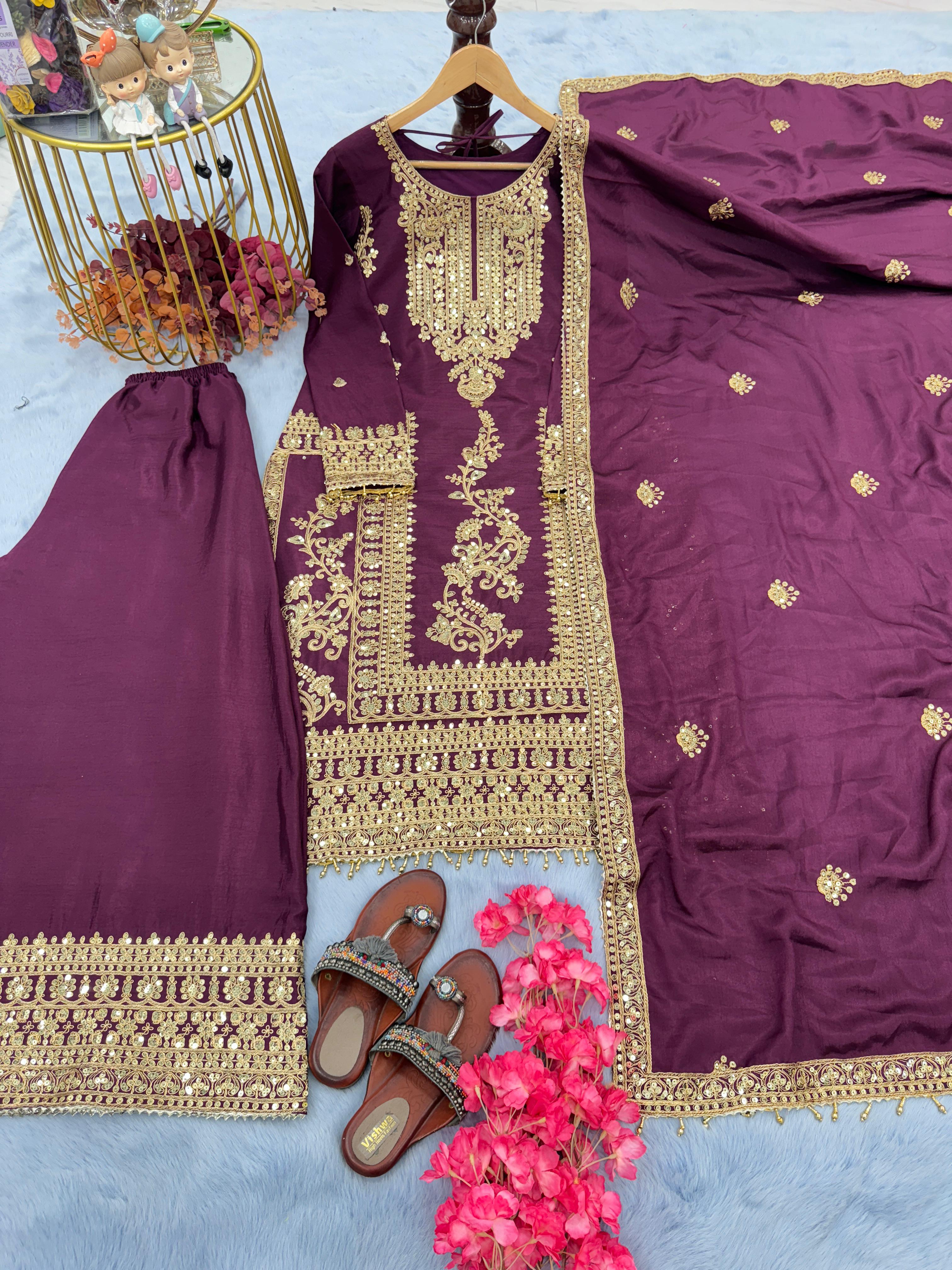 Shining Sequence Work Eid Special Wine Sharara Suit