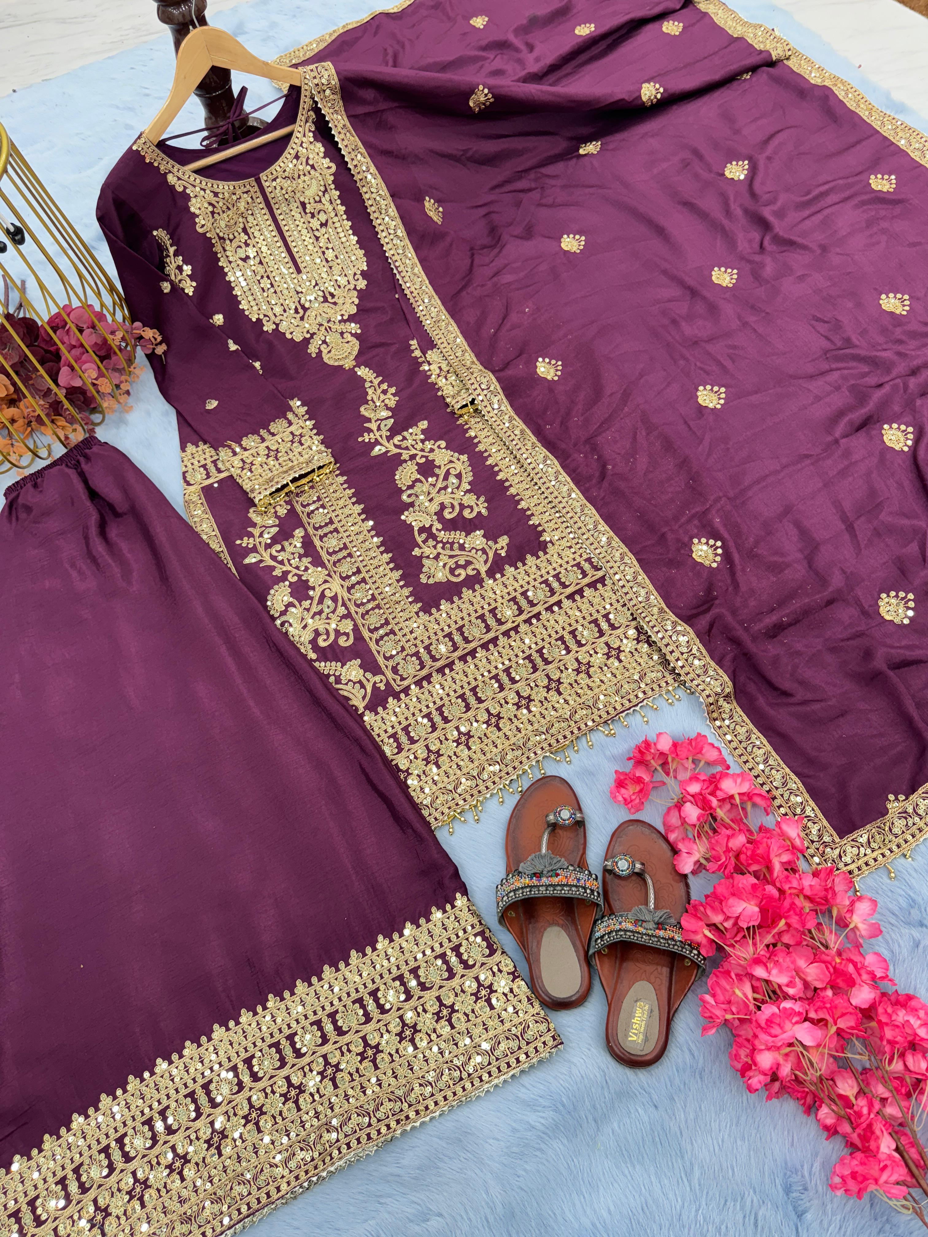 Shining Sequence Work Eid Special Wine Sharara Suit