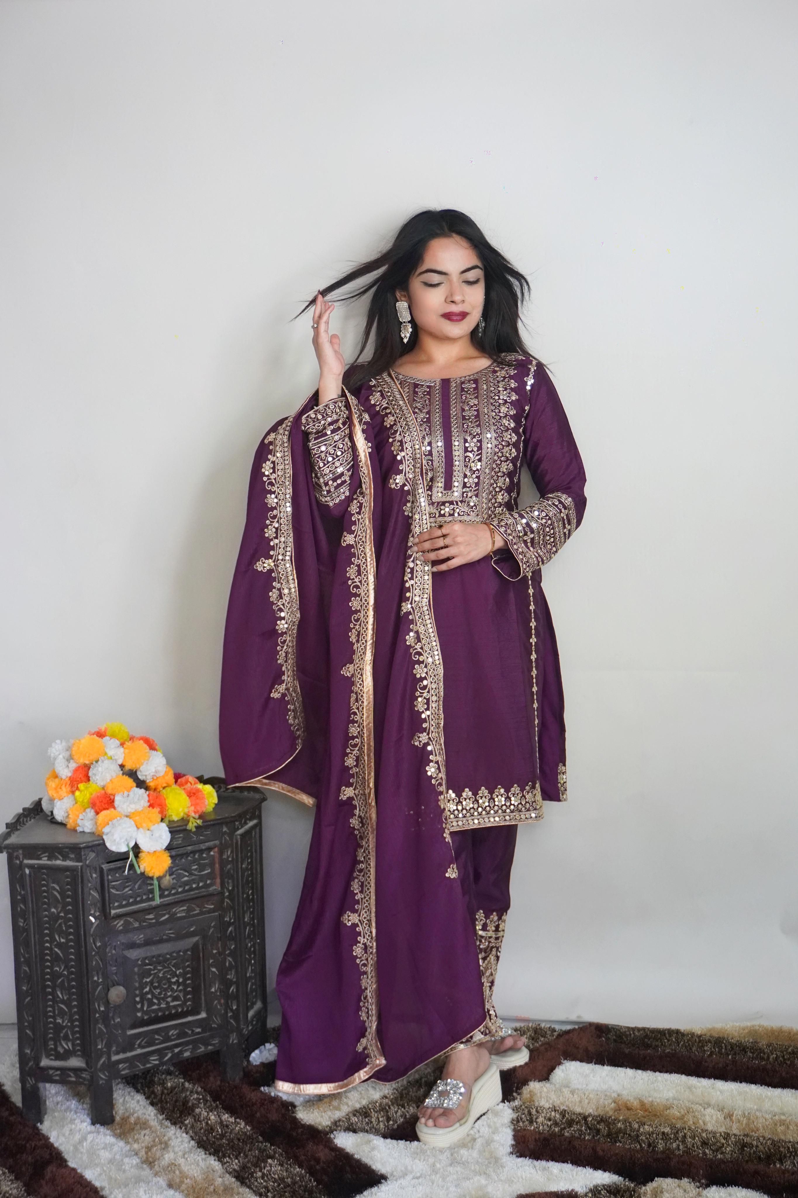 Elegant Full Sleeve With Work Wine Color Salwar Suit