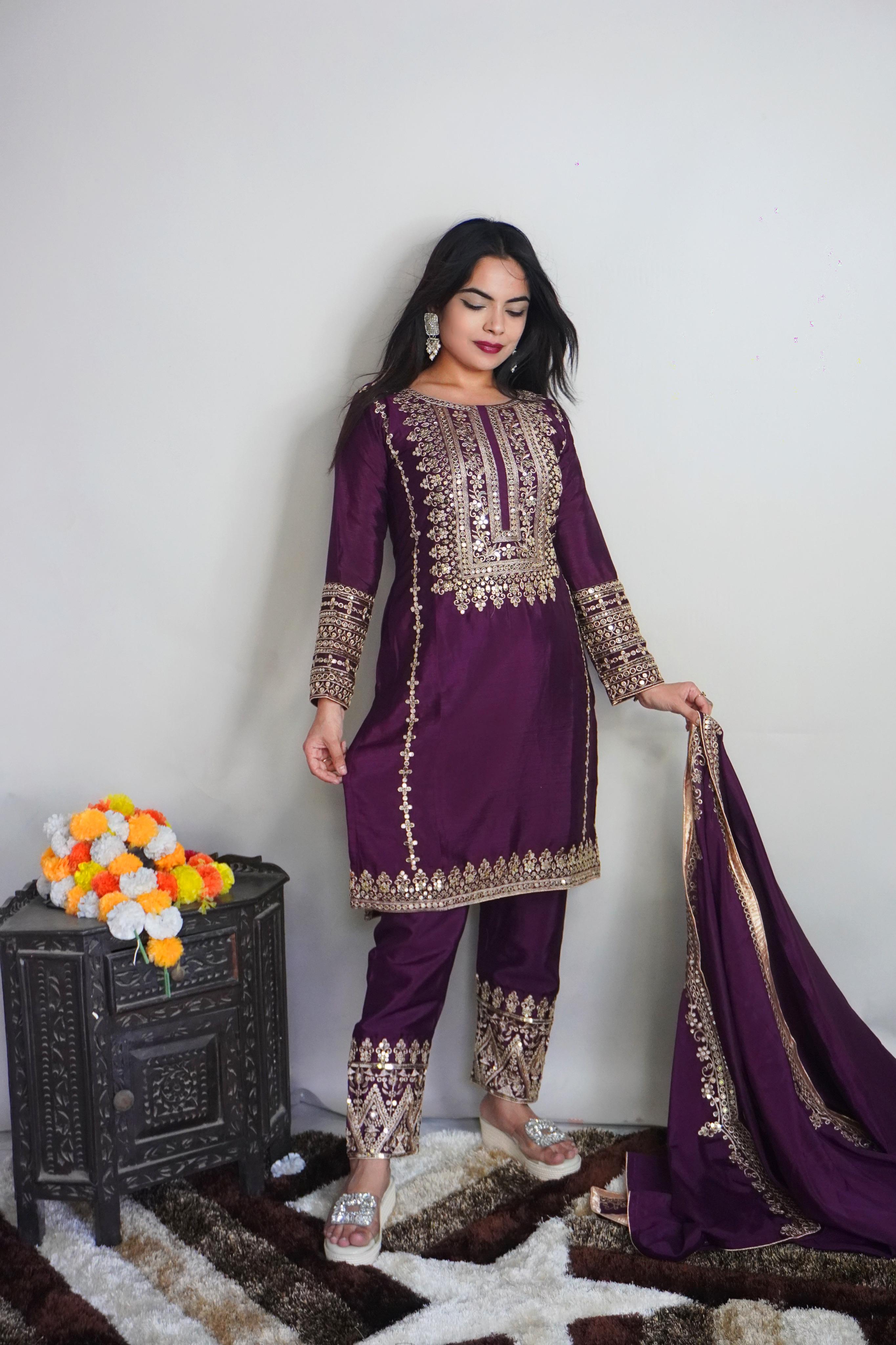 Elegant Full Sleeve With Work Wine Color Salwar Suit