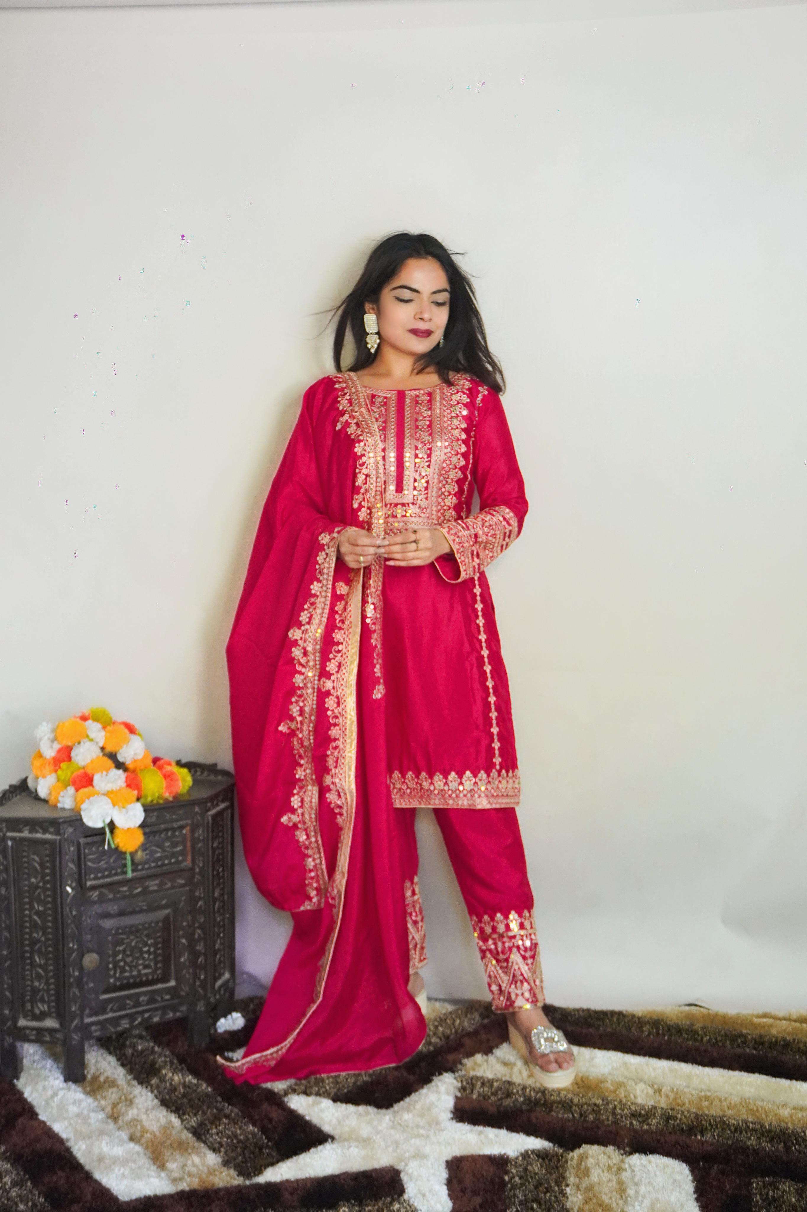 Elegant Full Sleeve With Work Pink Color Salwar Suit