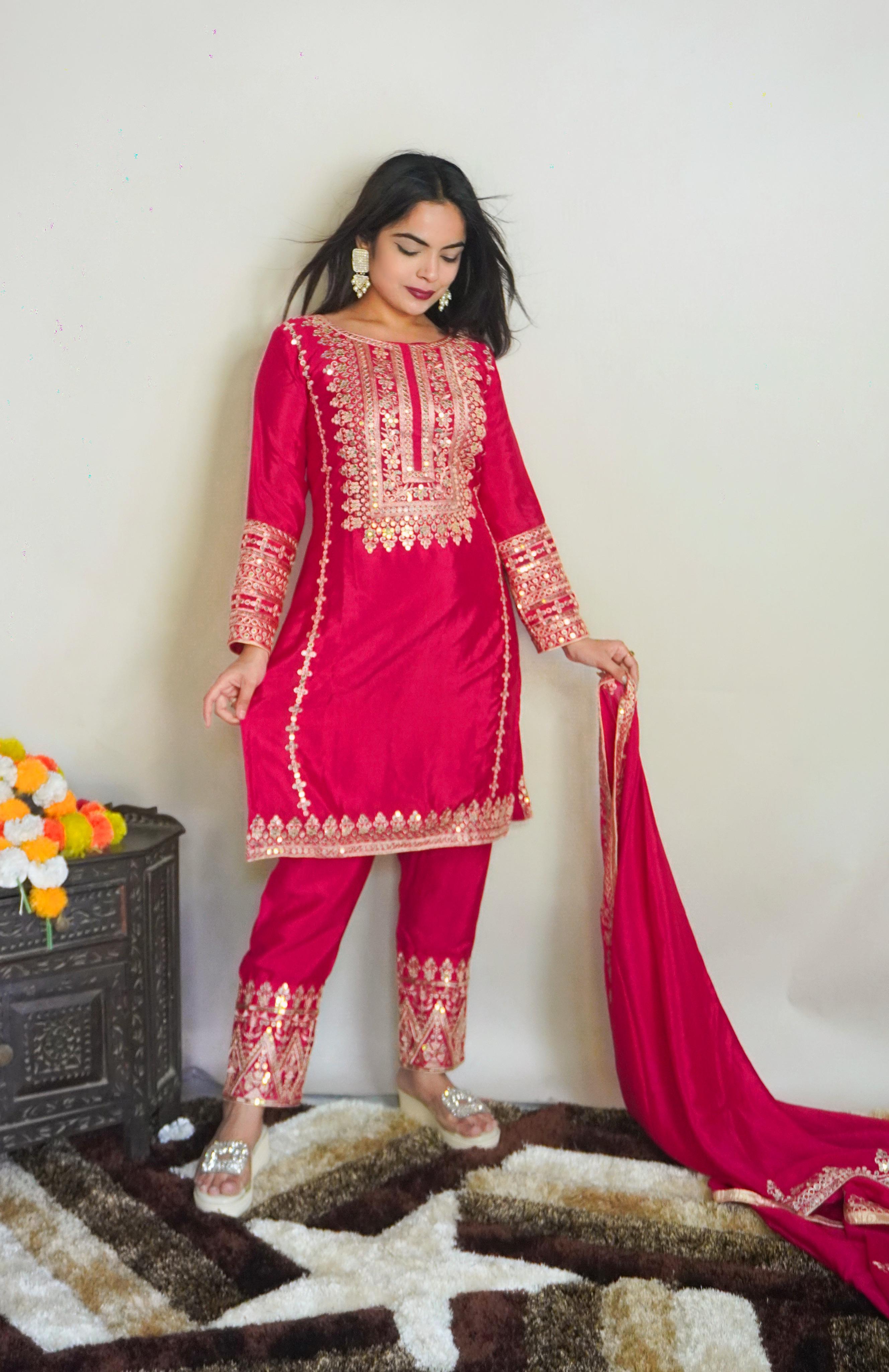 Elegant Full Sleeve With Work Pink Color Salwar Suit