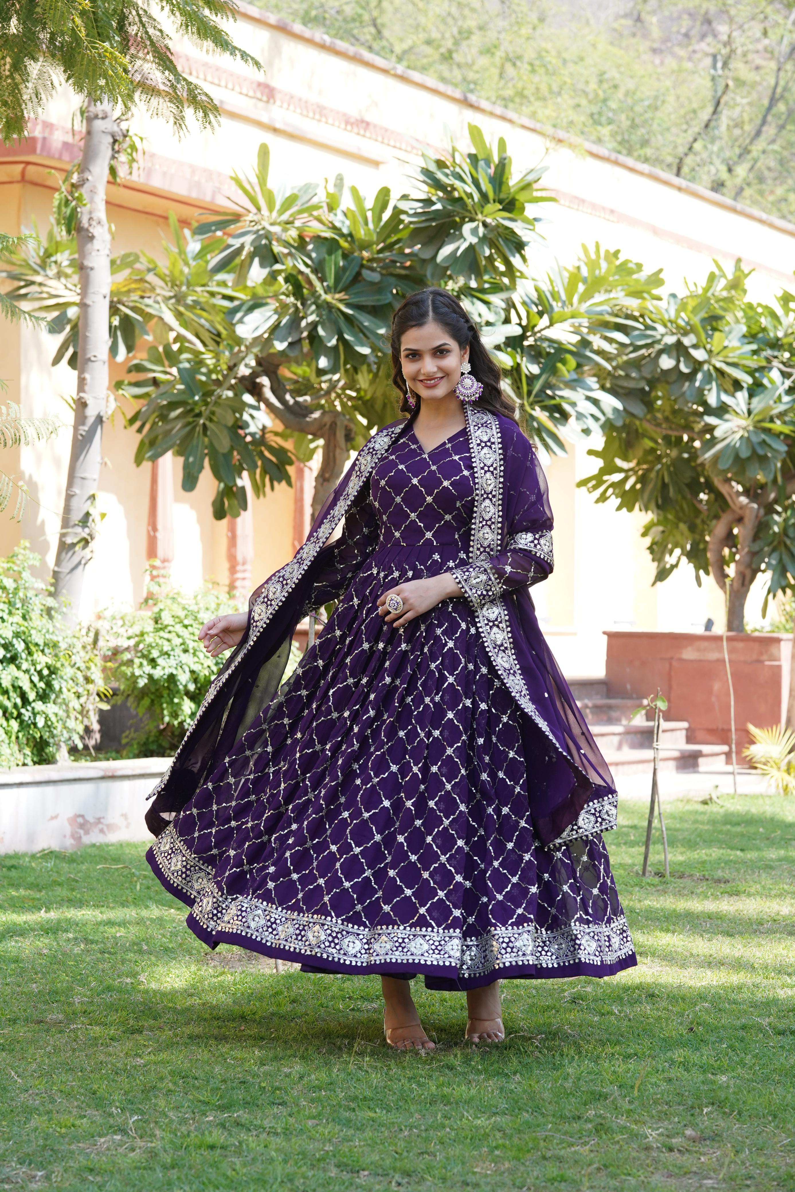 Beautiful Sequence Chex Design Purple Color Gown