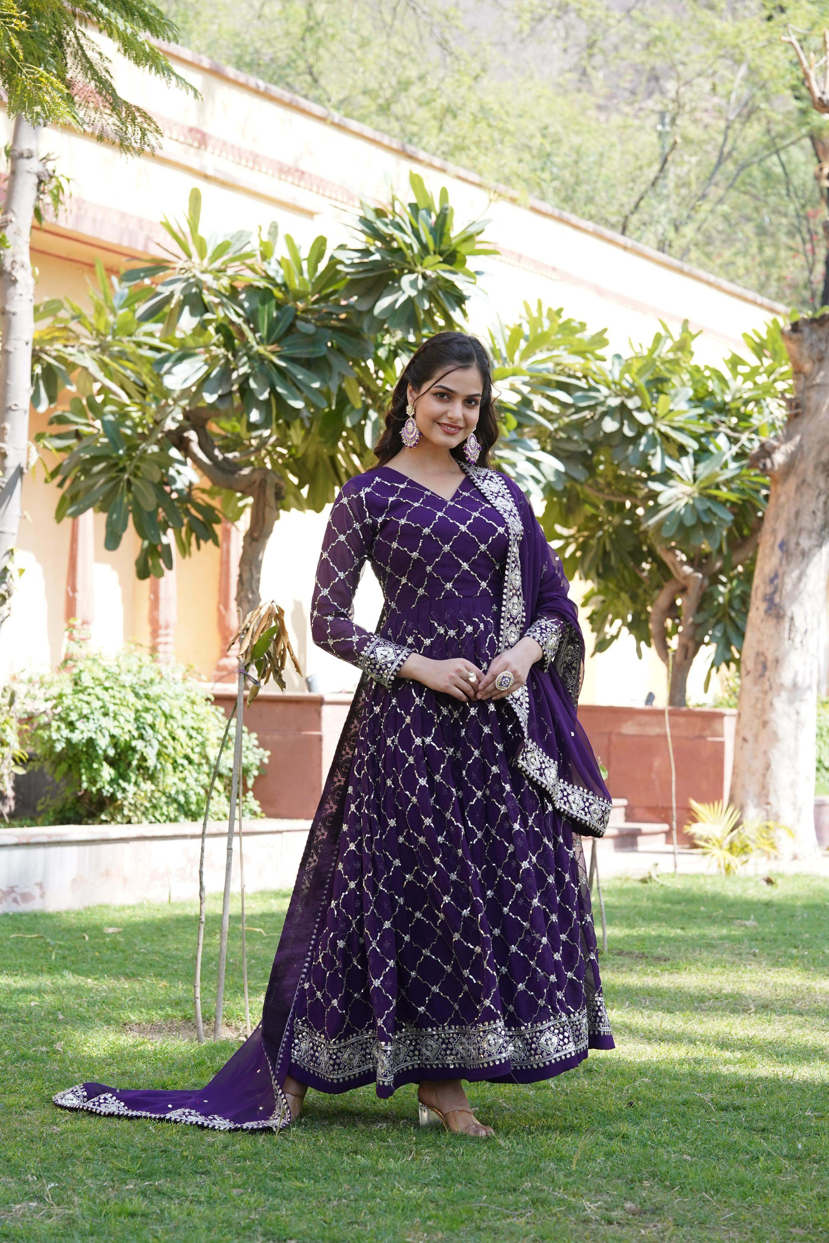 Beautiful Sequence Chex Design Purple Color Gown