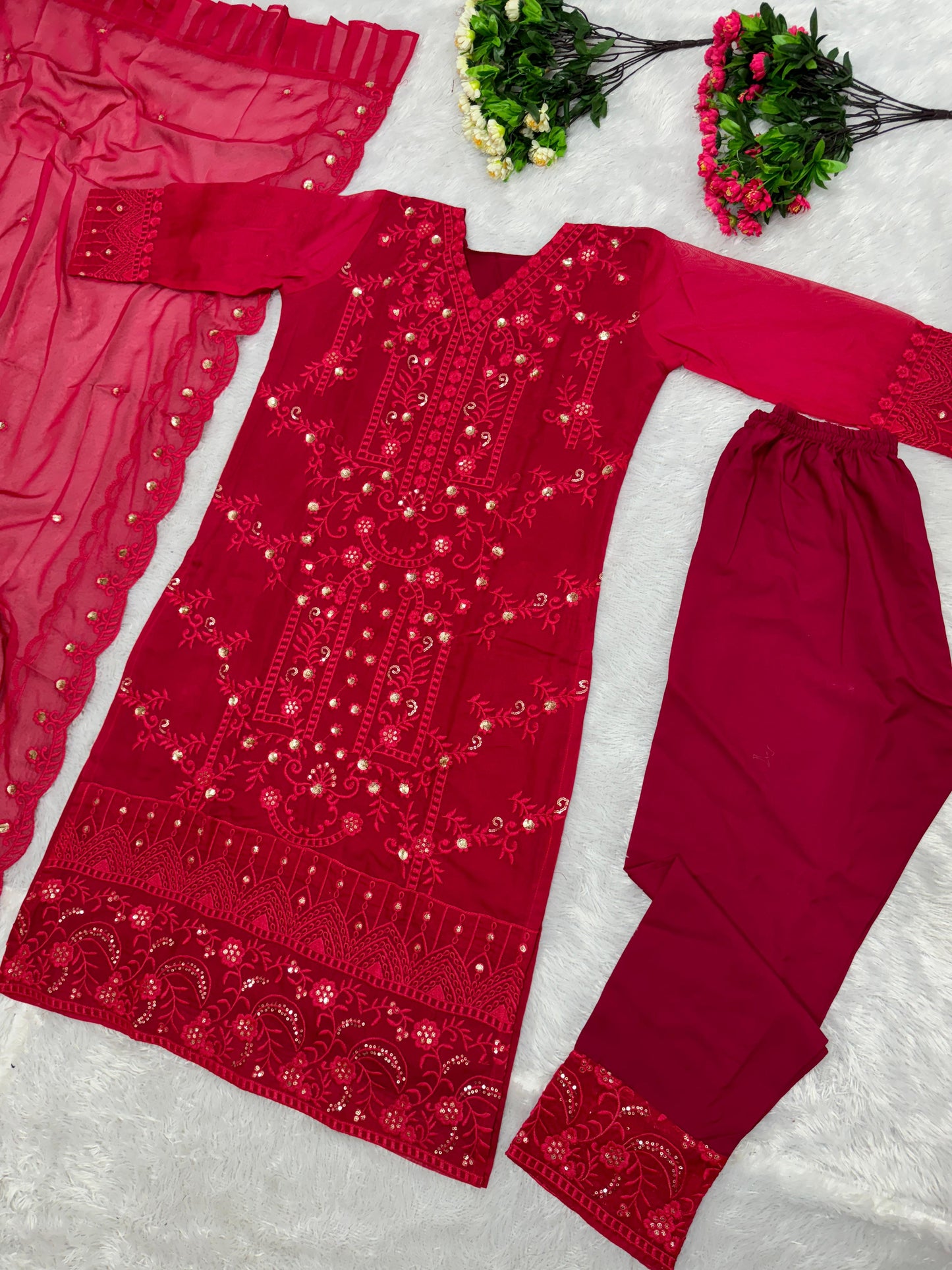 Party Wear Red Embroidery Work Organza Kurti Set