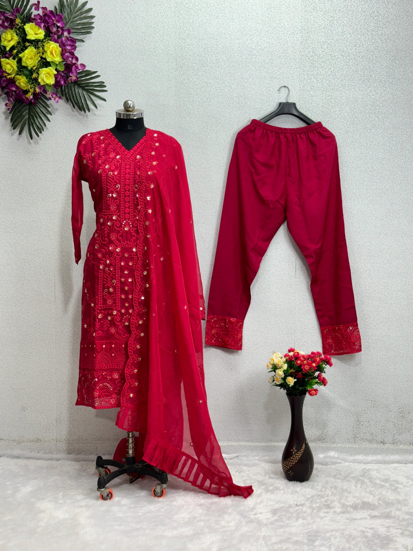 Party Wear Red Embroidery Work Organza Kurti Set