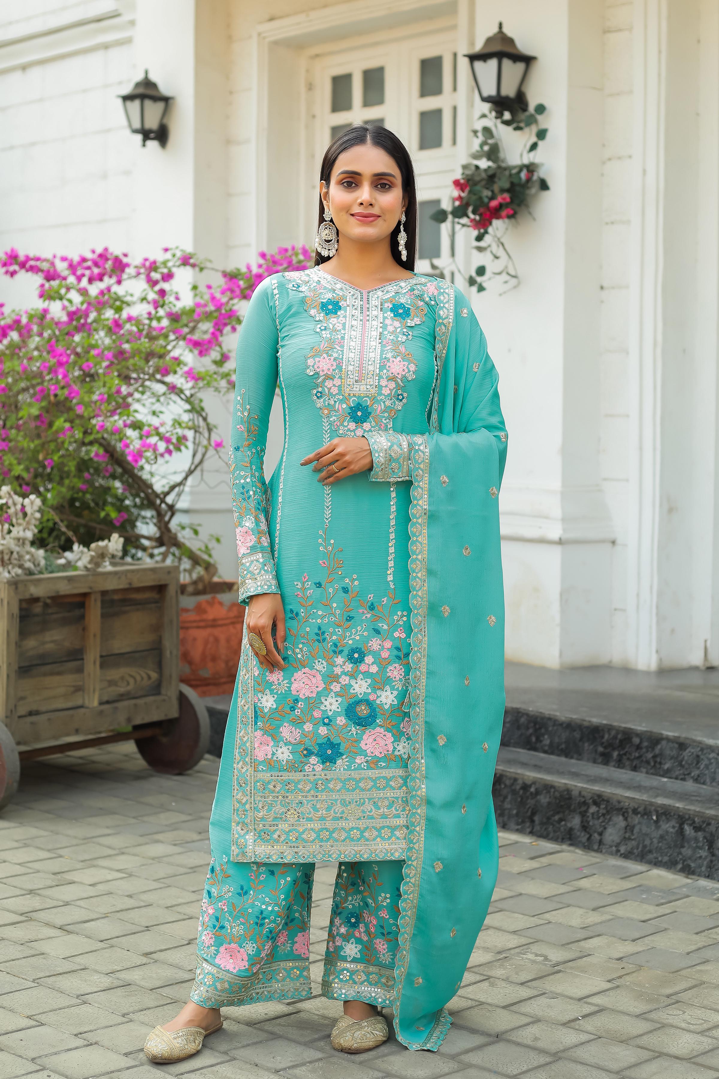 Shining Heavy Work Aqua Green Color Kurti Pant With Dupatta