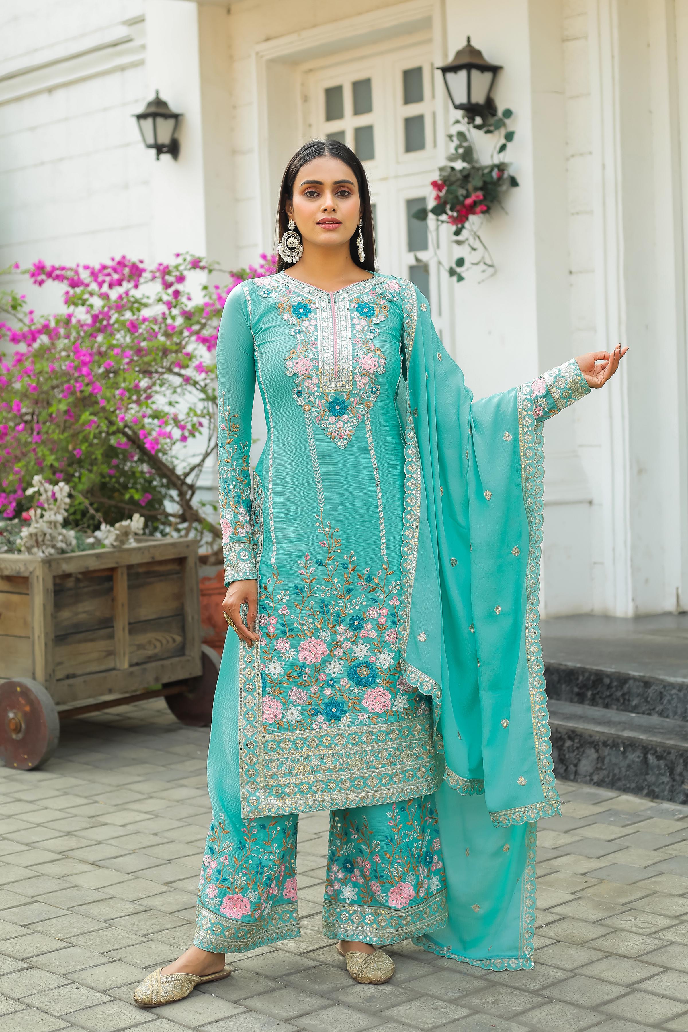 Shining Heavy Work Aqua Green Color Kurti Pant With Dupatta