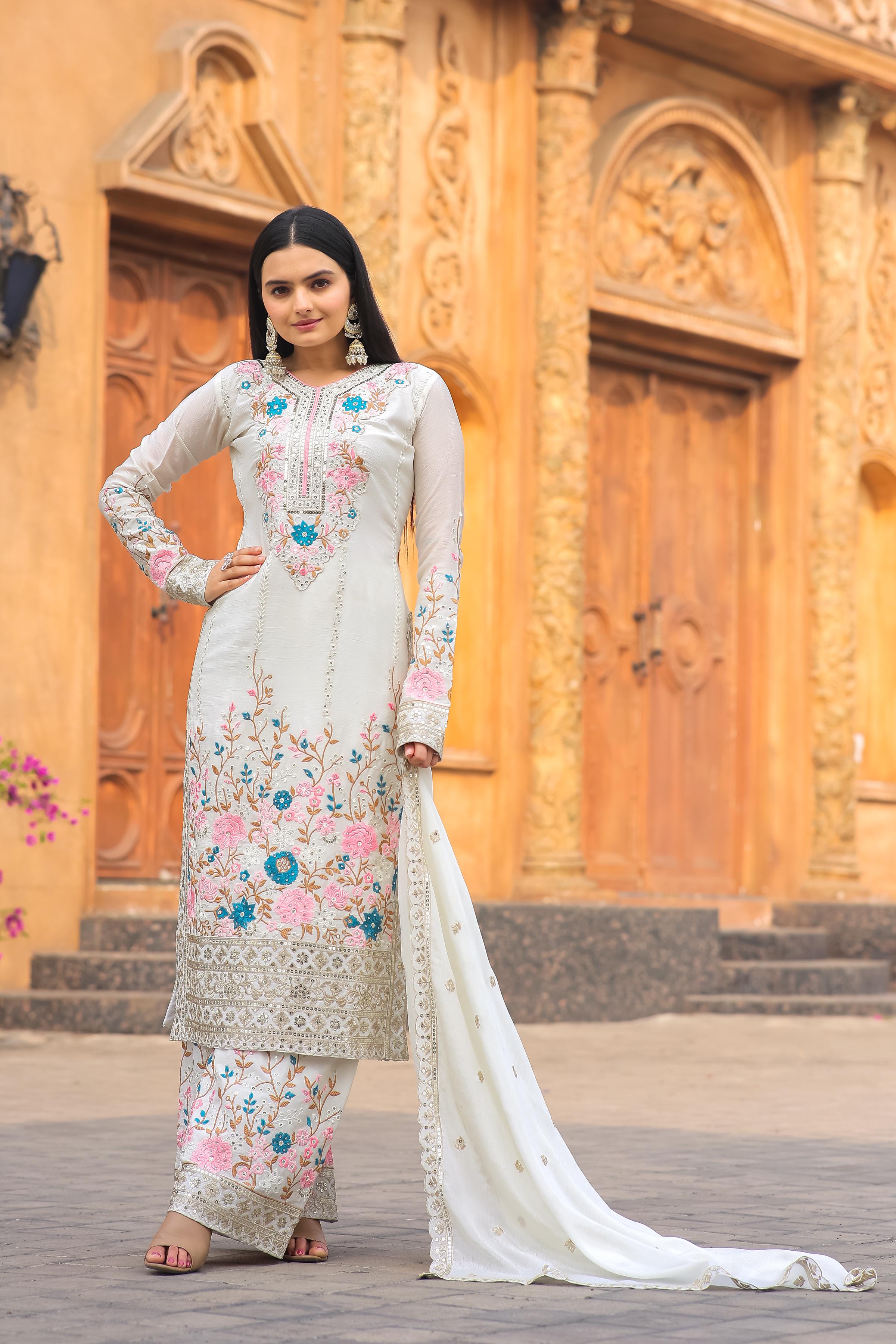 Shining Heavy Work White Color Kurti Pant With Dupatta