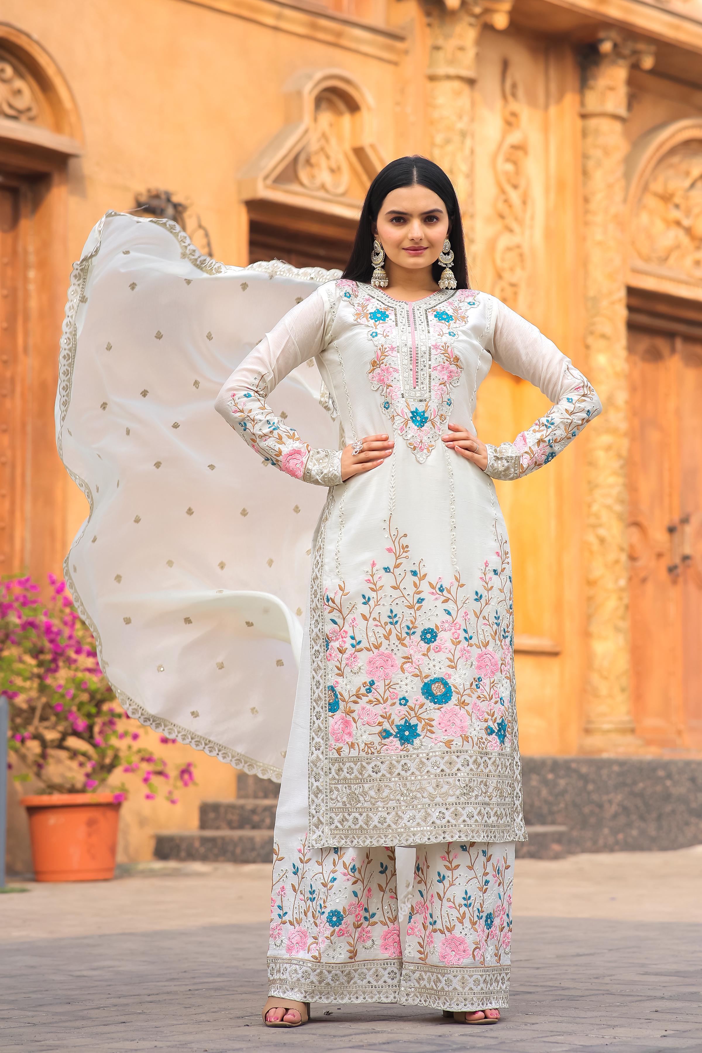 Shining Heavy Work White Color Kurti Pant With Dupatta