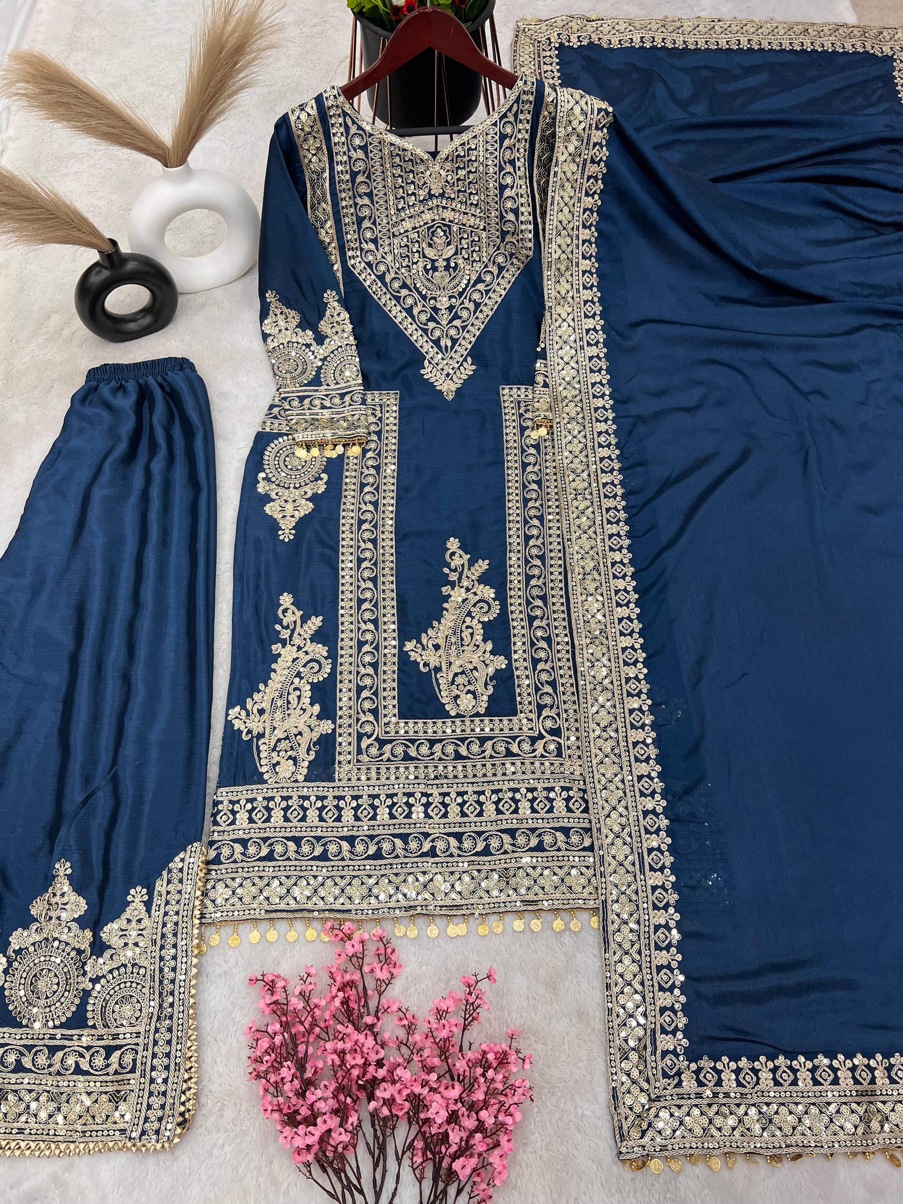 Teal Blue Color Marvelous Embroidery Work Palazzo Suit