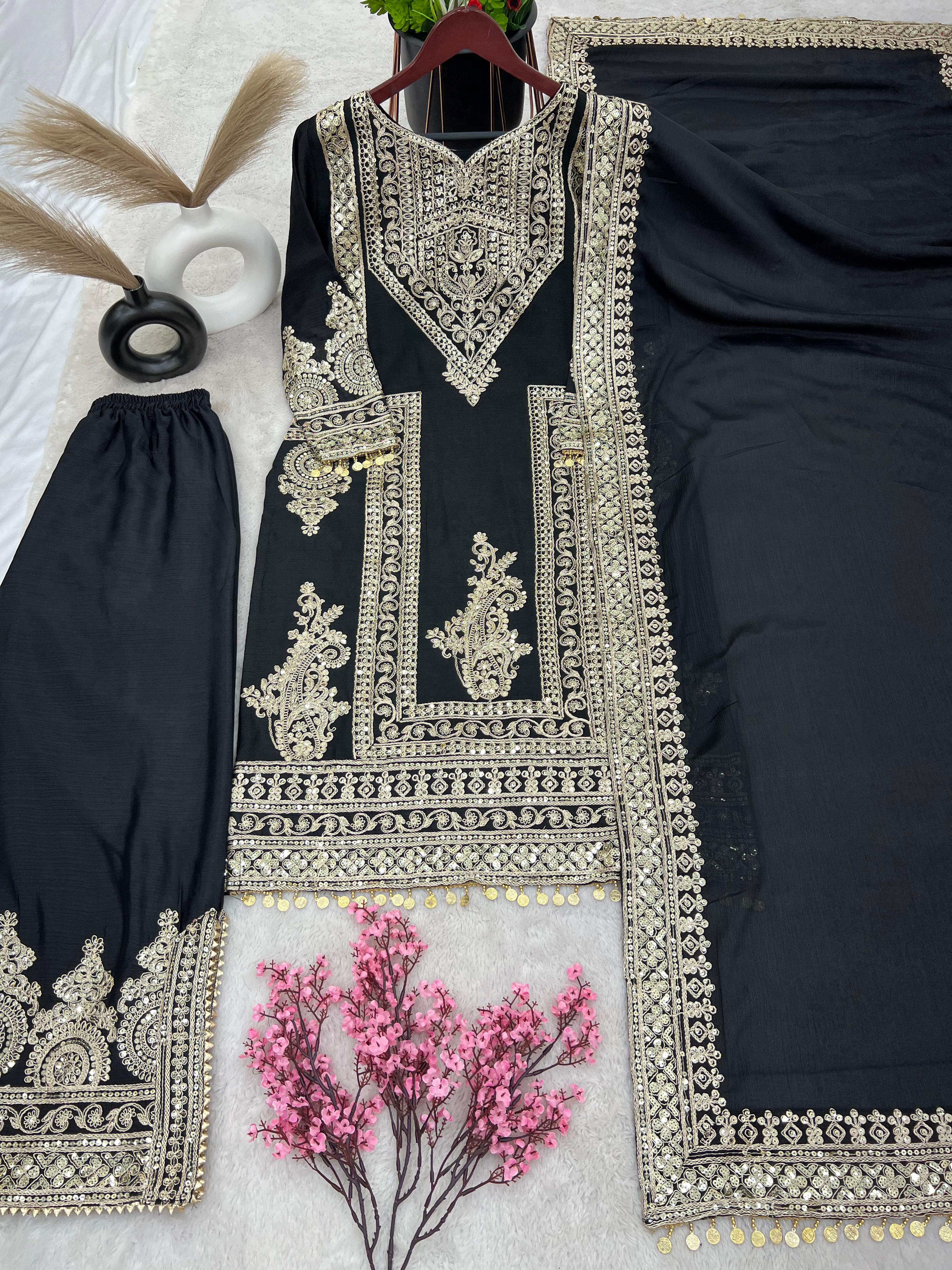 Black Color Marvelous Embroidery Work Palazzo Suit