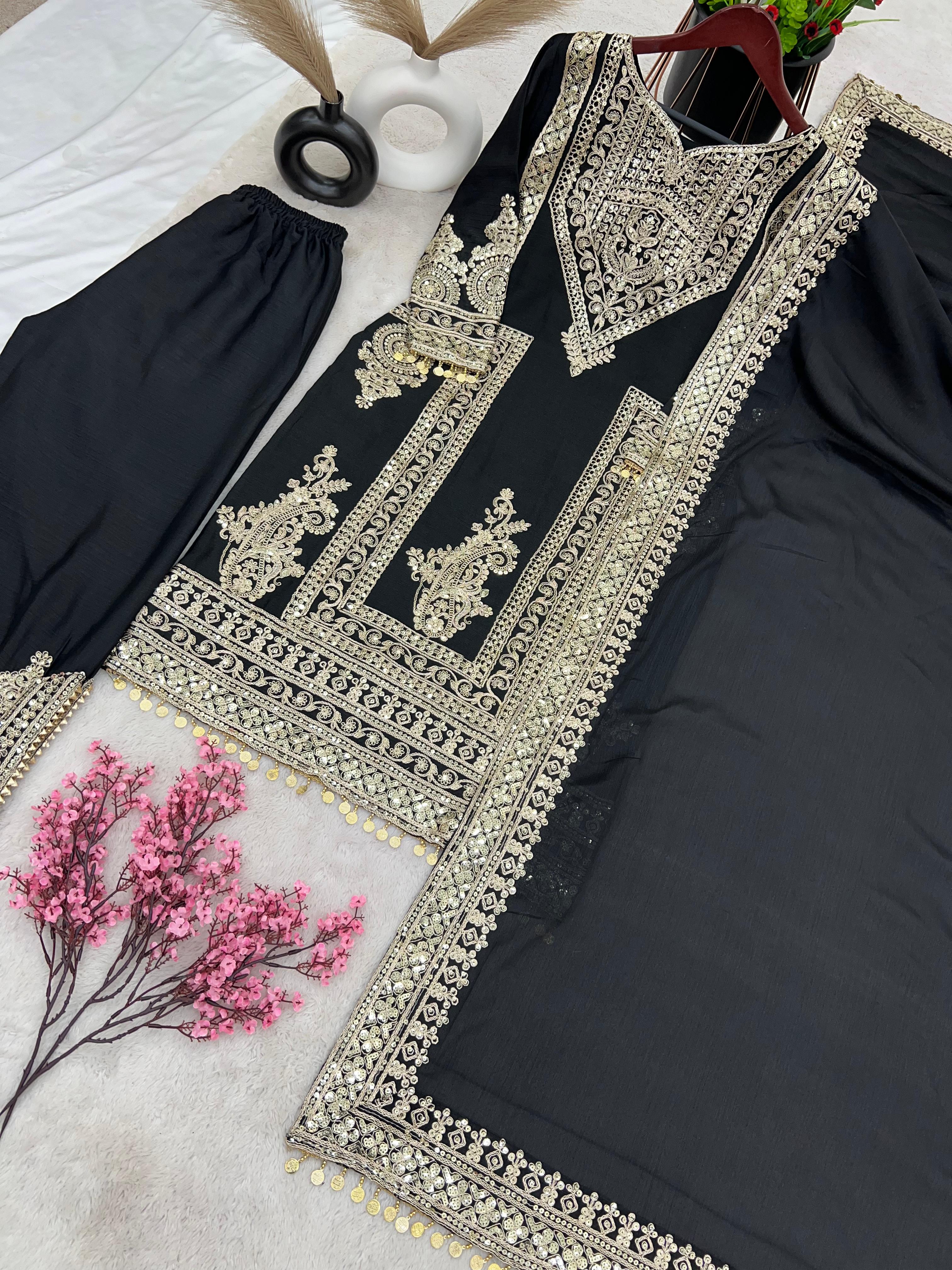 Black Color Marvelous Embroidery Work Palazzo Suit