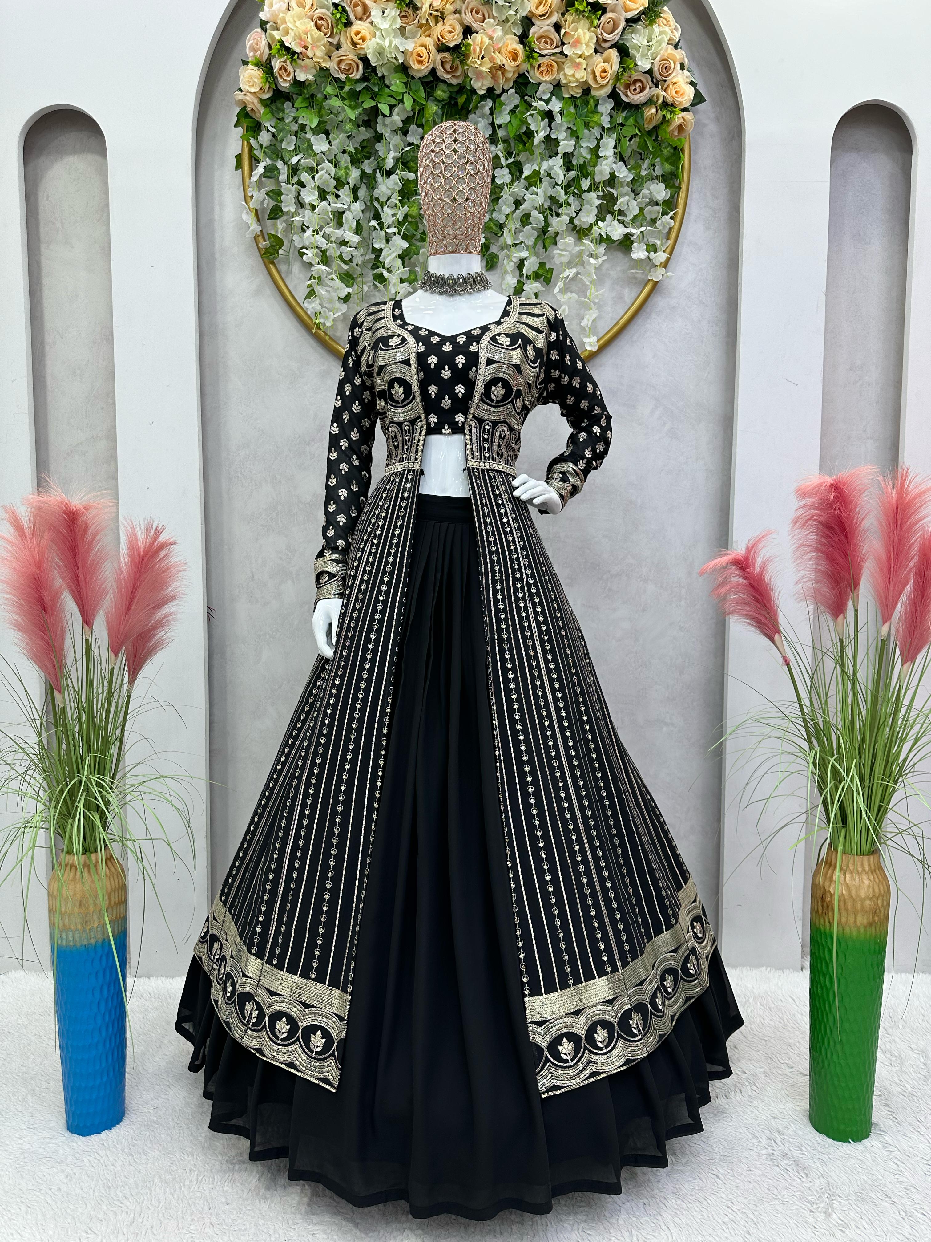 Stylish Black Sequence Thread Work Lehenga Choli With Shrug