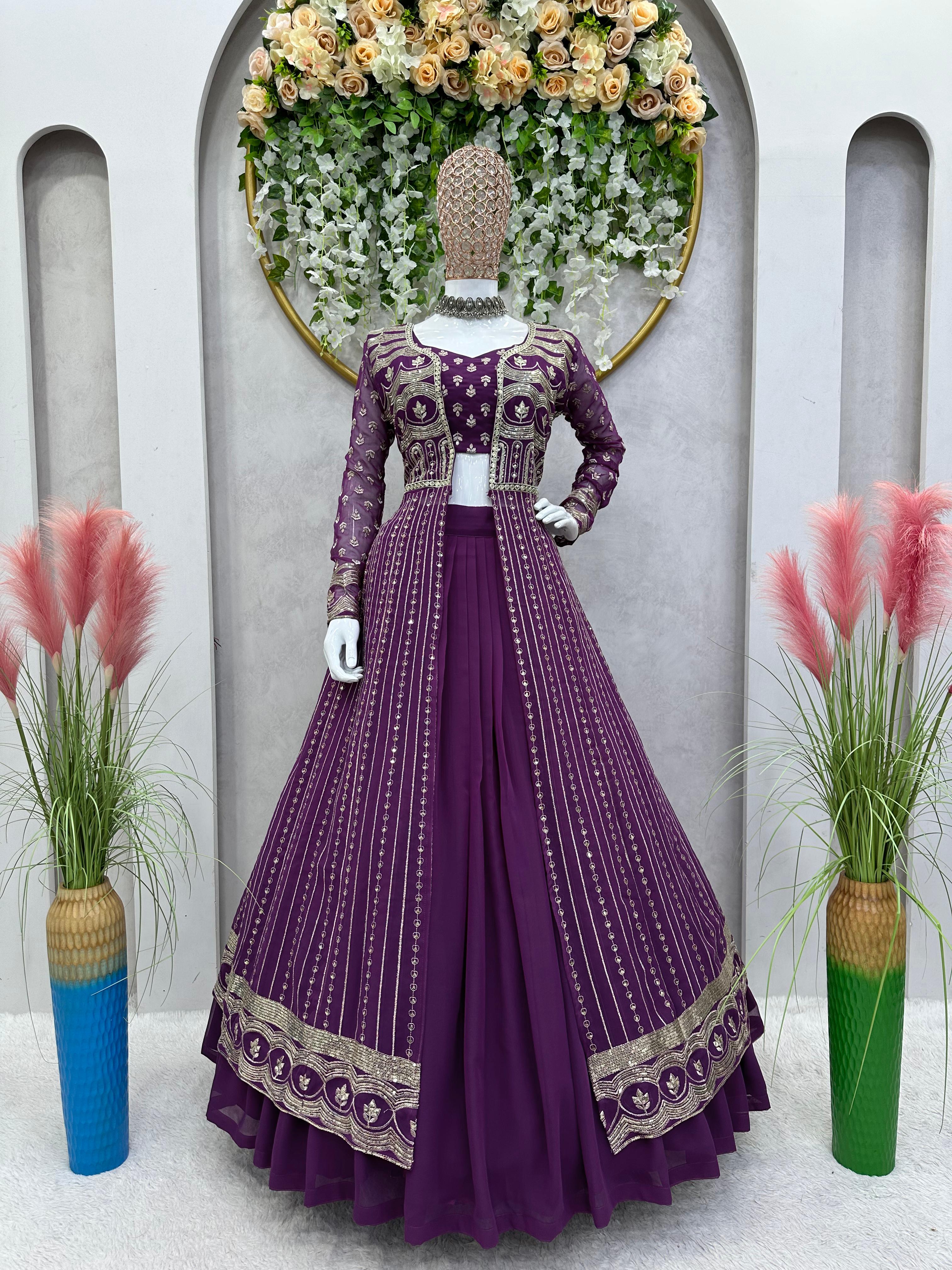 Stylish Purple Sequence Thread Work Lehenga Choli With Shrug