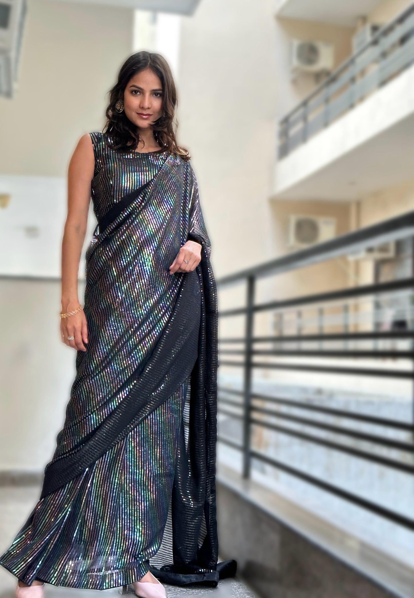 Stylish Multi Sequence Work Black Color Saree