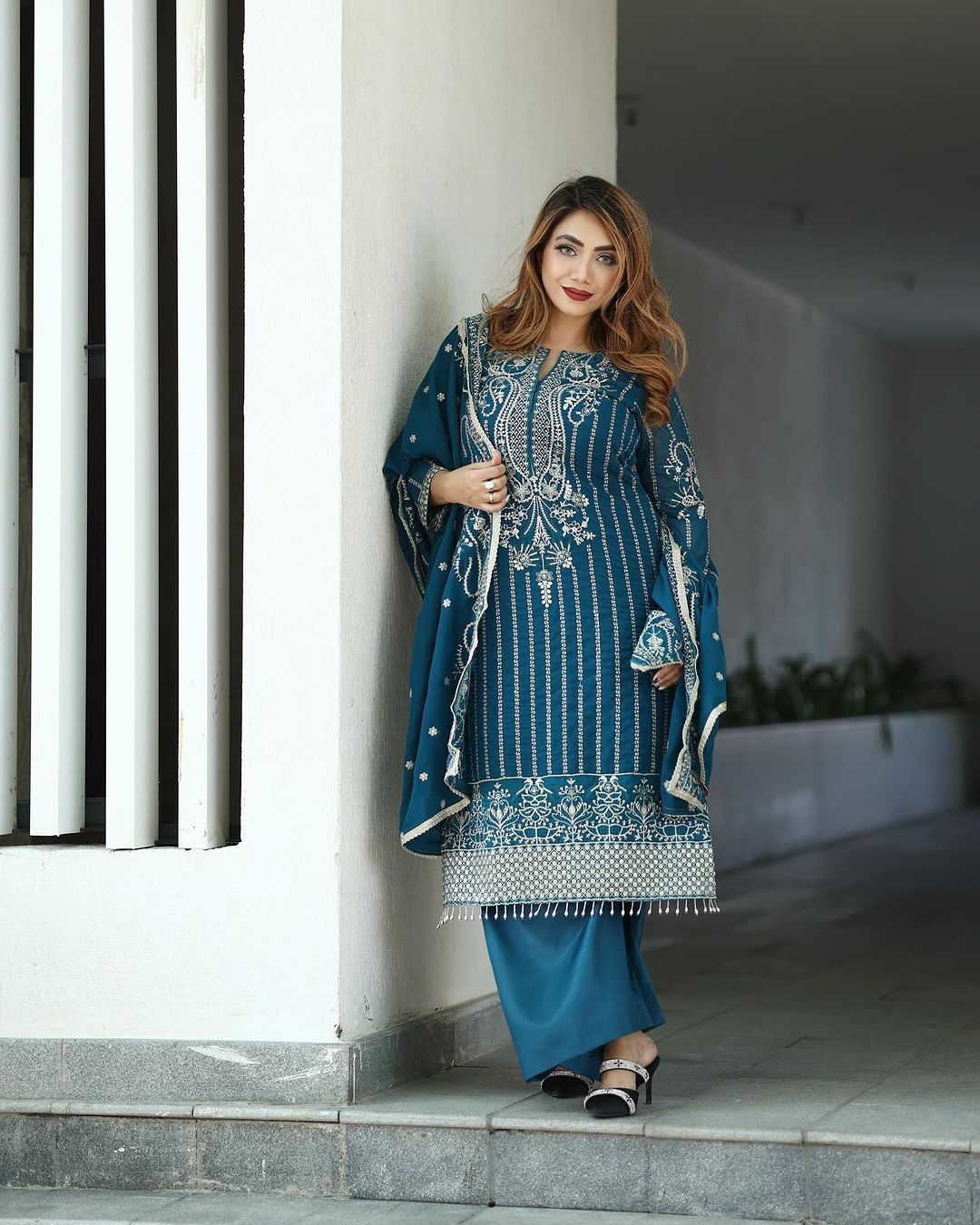 Glorious Embroidery Sequence Work Teal Blue Color Palazzo Suit