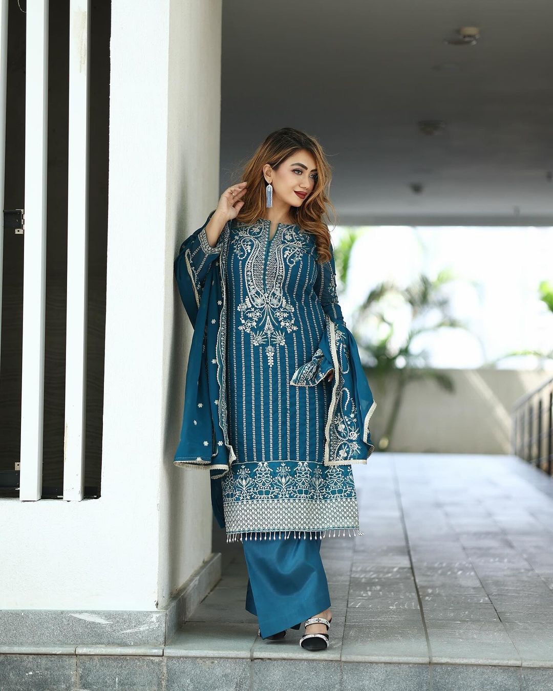 Glorious Embroidery Sequence Work Teal Blue Color Palazzo Suit