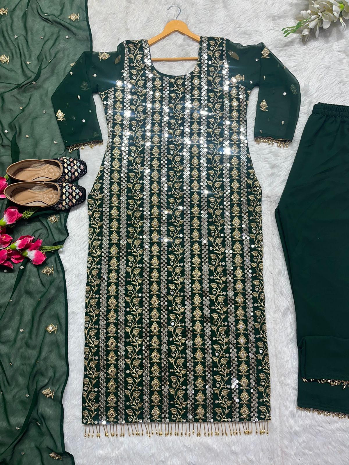 Attractive Embroidery Work Green Color Salwar Suit