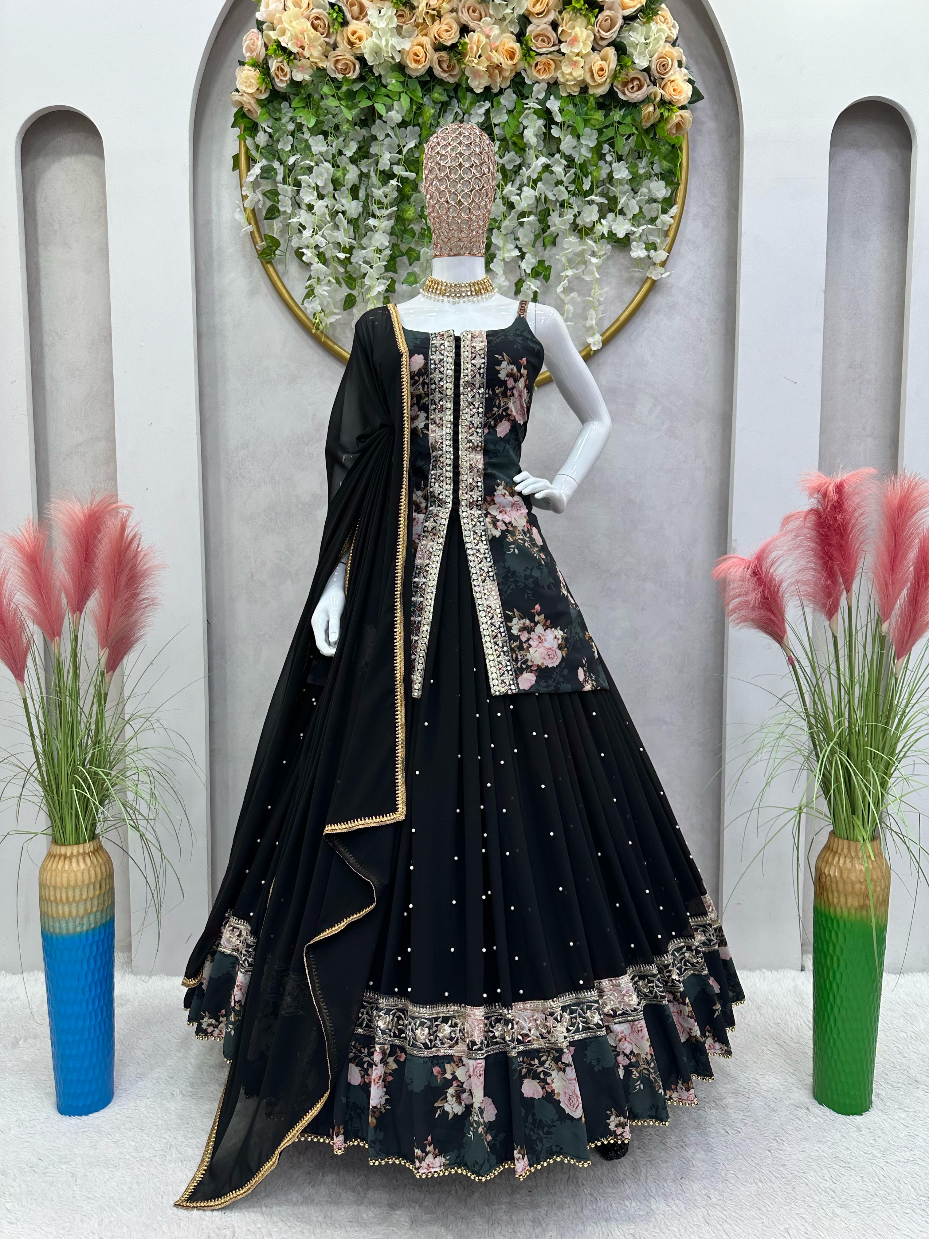 Black Color Work And Digital Print Top With Lehenga