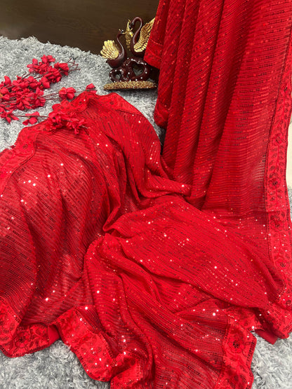 Party Wear Red Color Sequence Work Saree