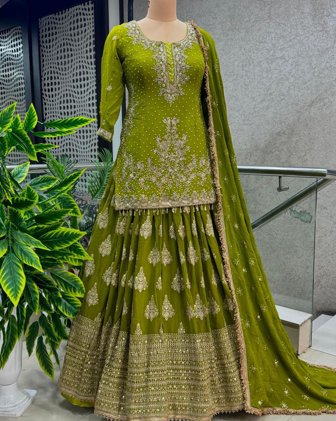 Festive Wear Full Work Mehendi Color Lehenga With Top