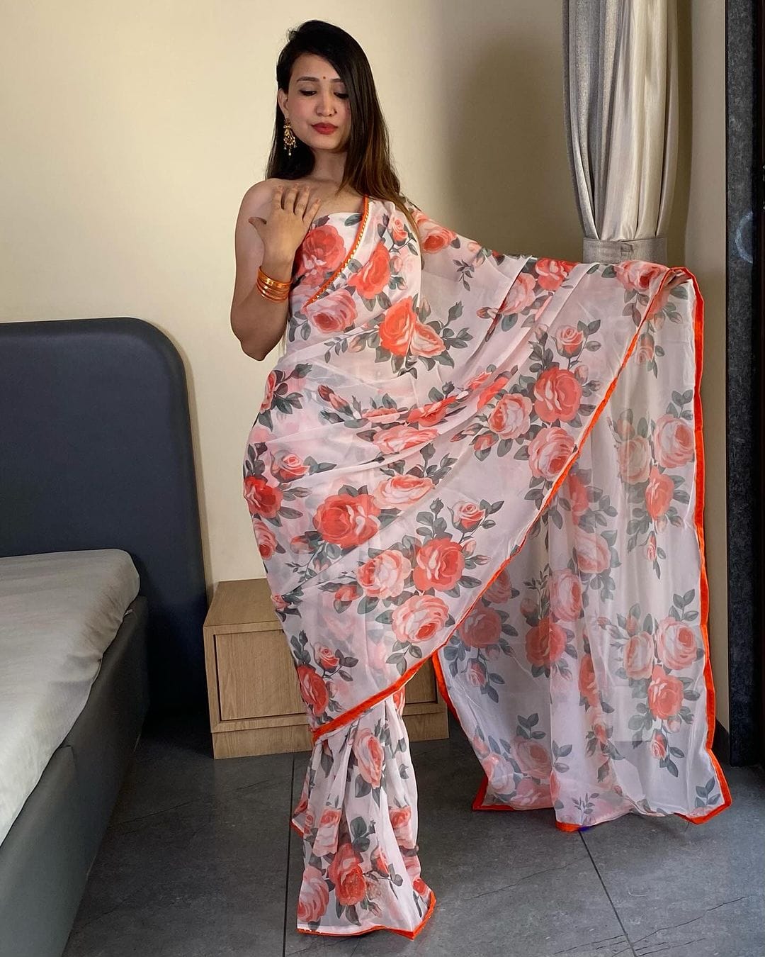 Orange Flower Design White Color Ready To Wear Saree