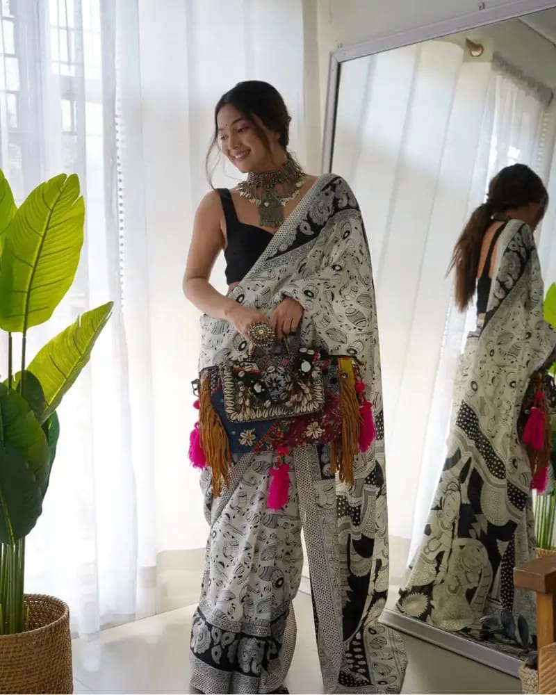 Beautiful Black And White Color Music Design Ready To Wear Saree