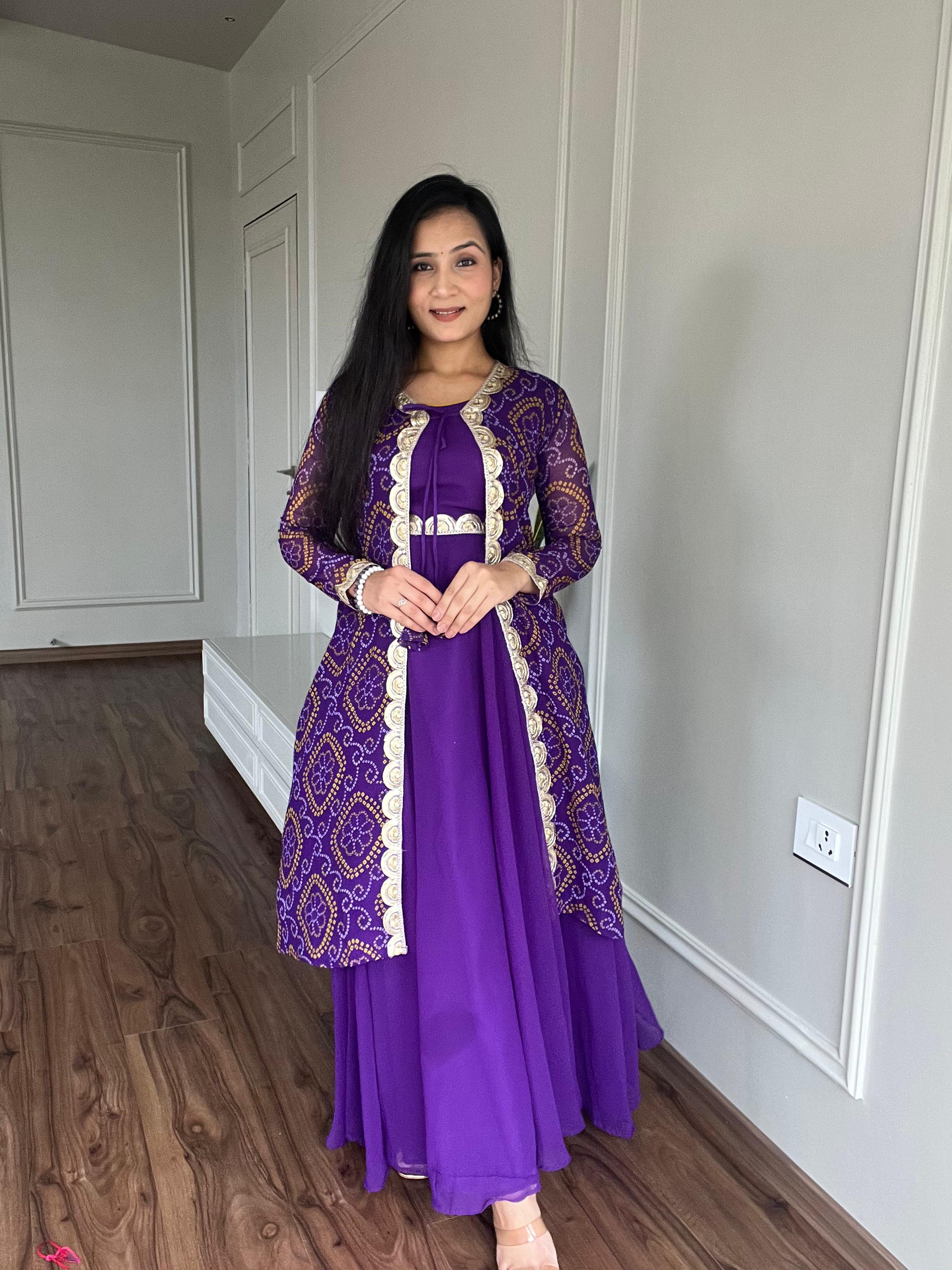 Festival Style Purple Color Gown With Bandhej Shrug