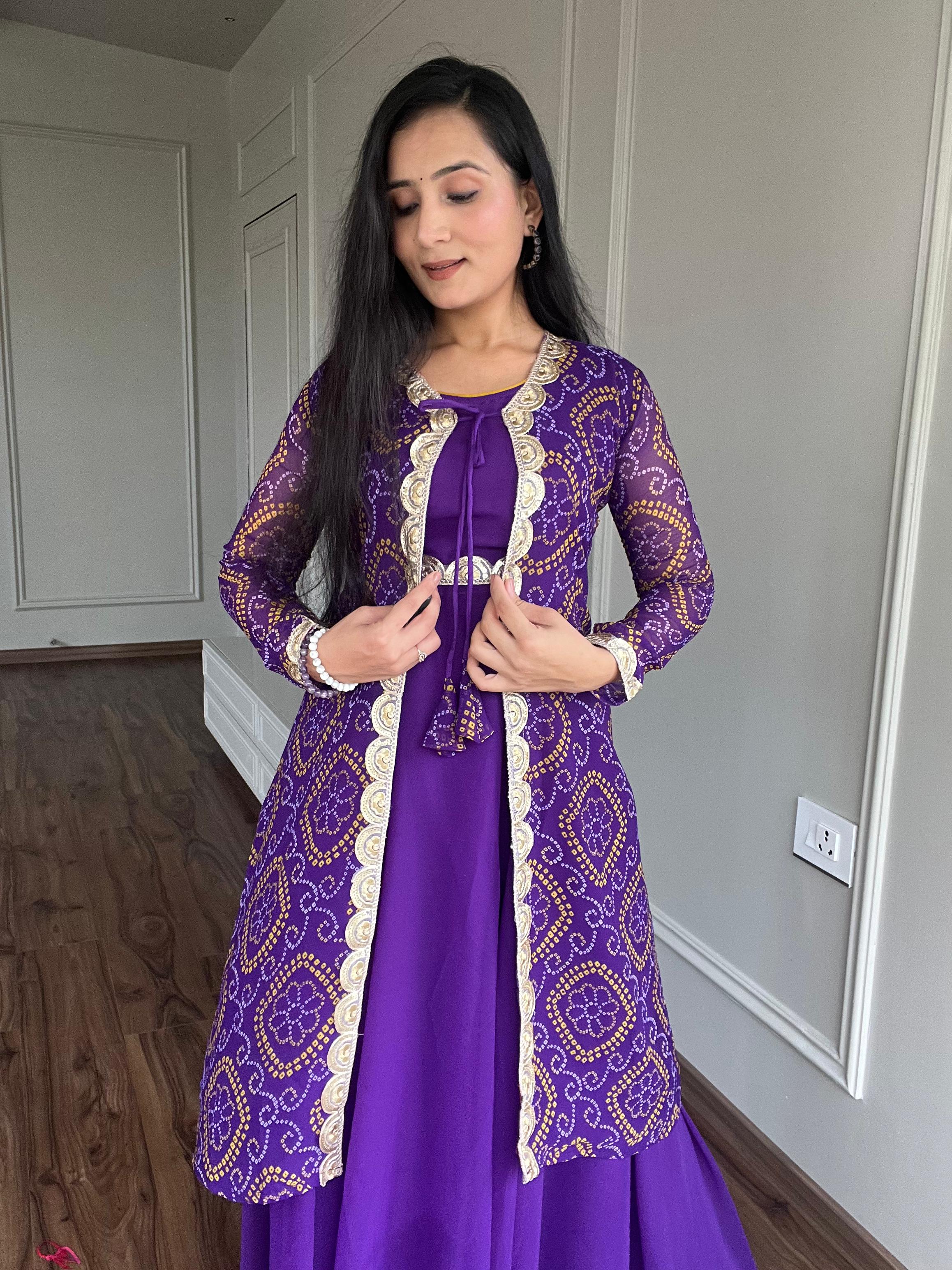 Festival Style Purple Color Gown With Bandhej Shrug