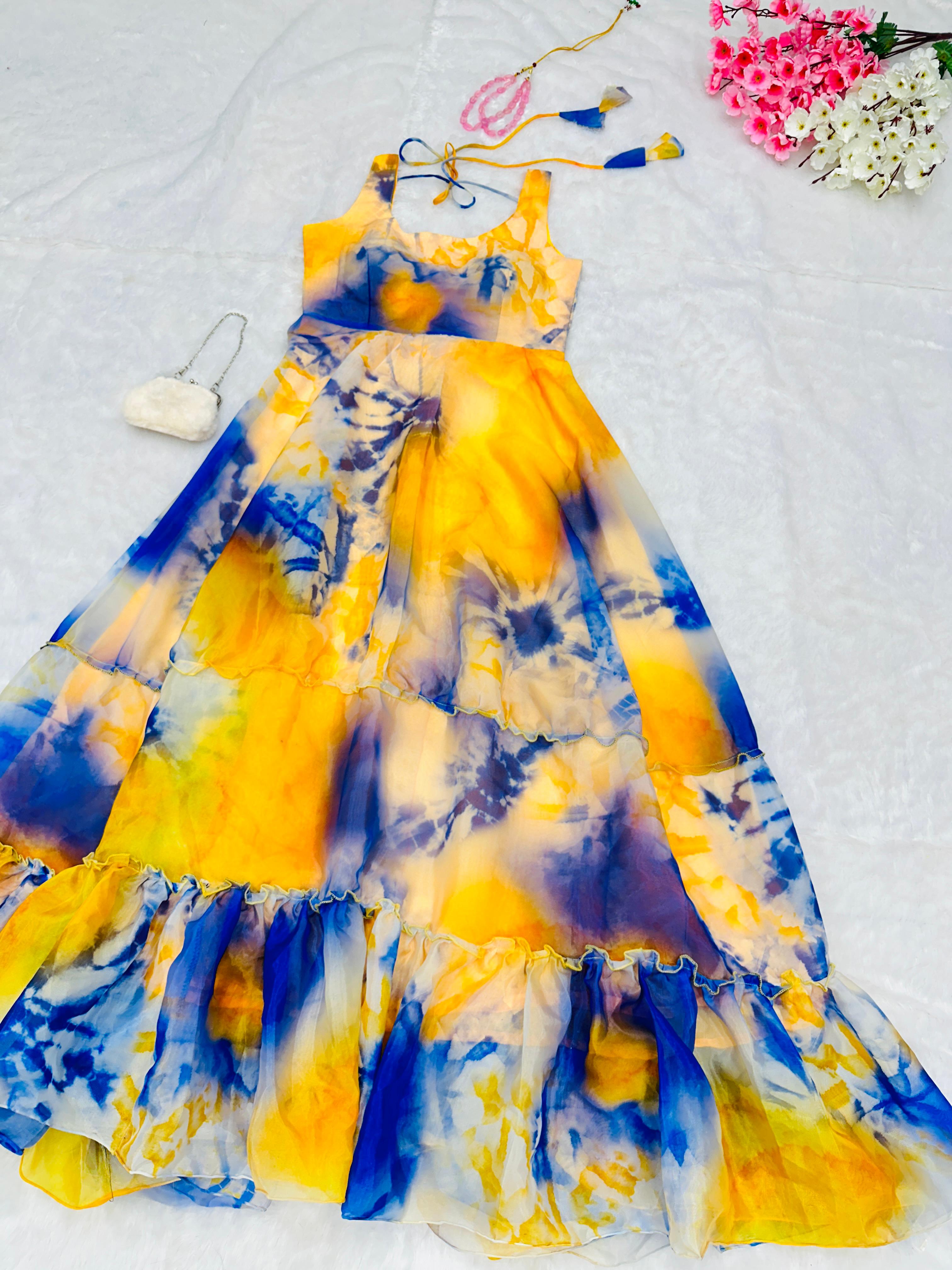 Fantastic Yellow and Blue Color Organza Silk Gown