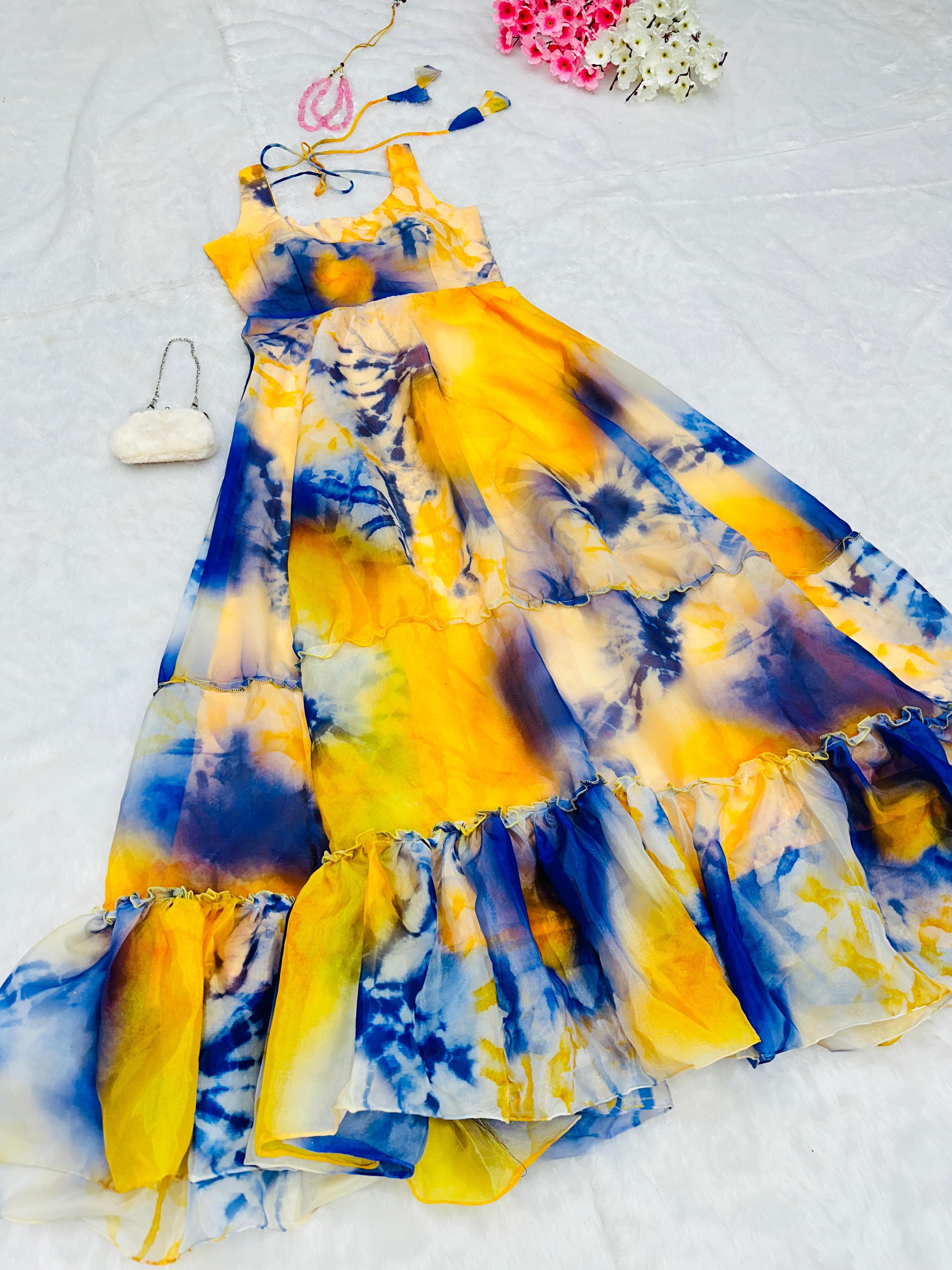 Fantastic Yellow and Blue Color Organza Silk Gown