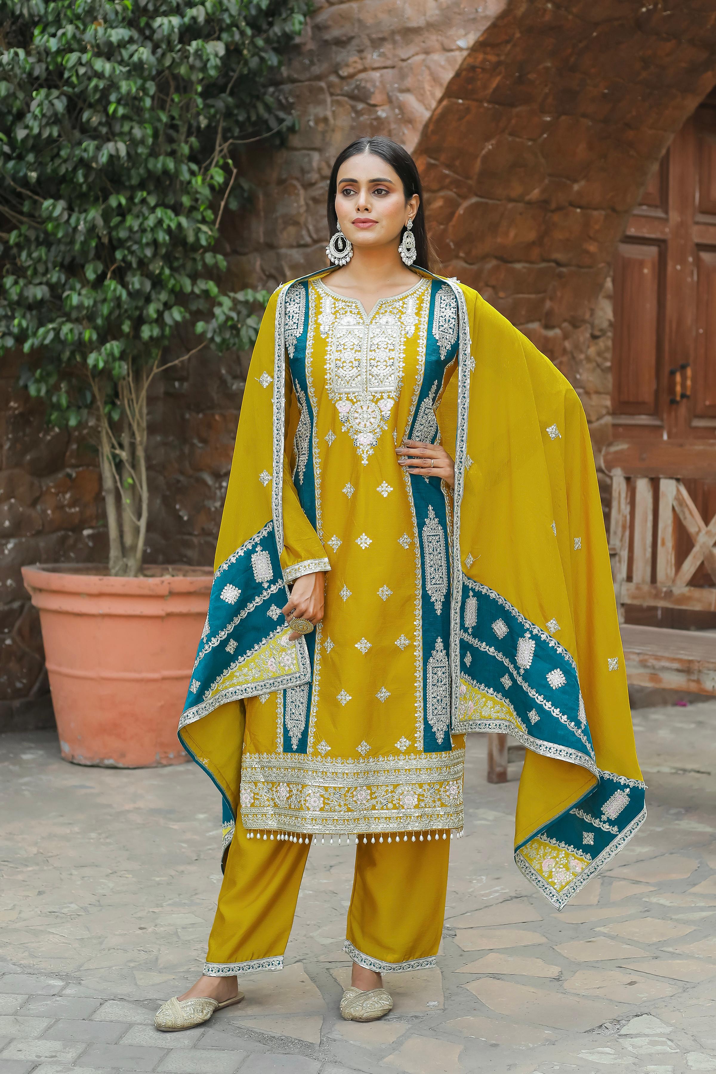 Stunning Embroidery Work Full Sleeves Mustard Color Palazzo Suit