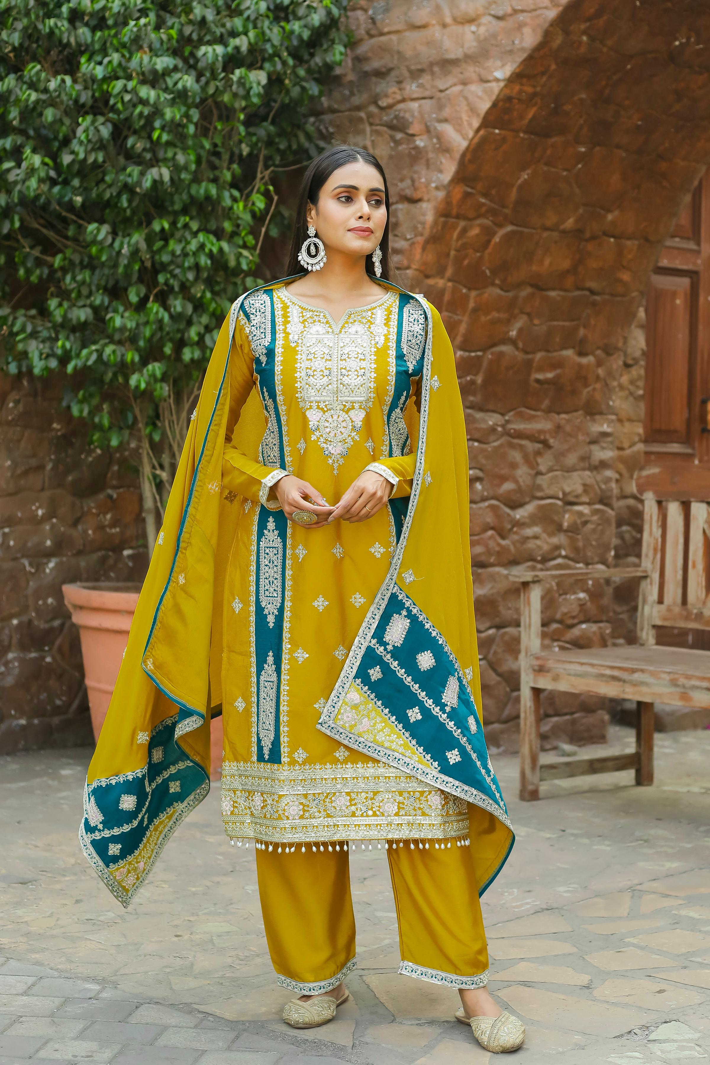 Stunning Embroidery Work Full Sleeves Mustard Color Palazzo Suit