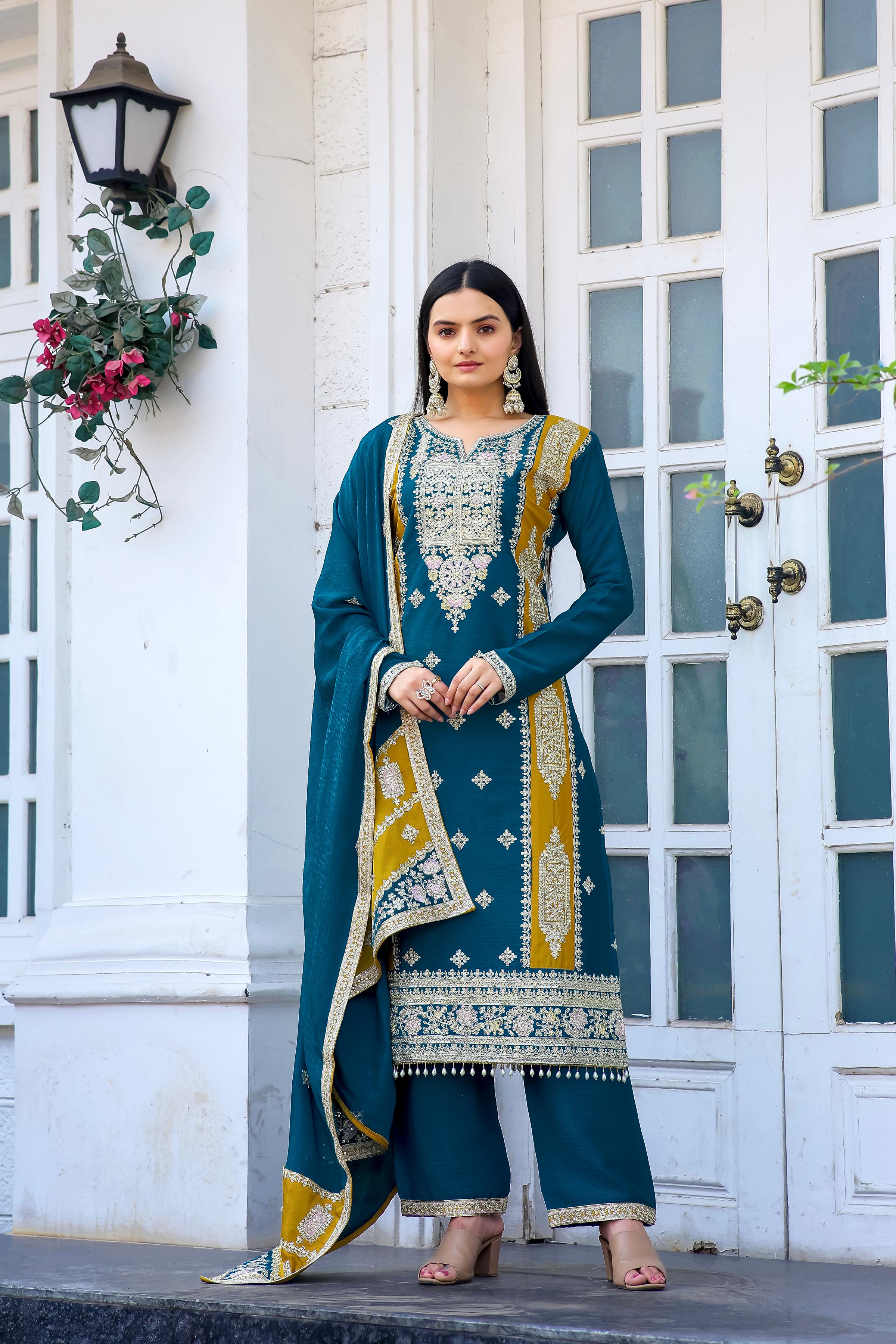 Stunning Embroidery Work Full Sleeves Teal Blue Color Palazzo Suit
