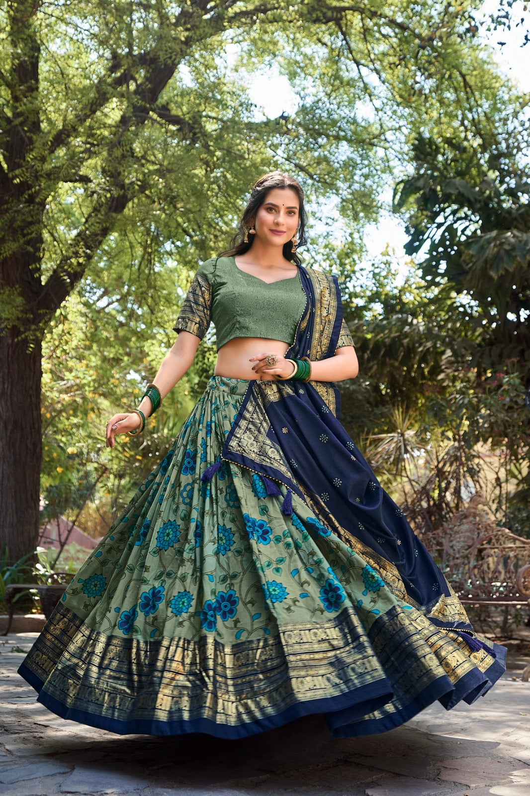 Captivating Kalamkari Print Green Color Wedding Lehenga Choli