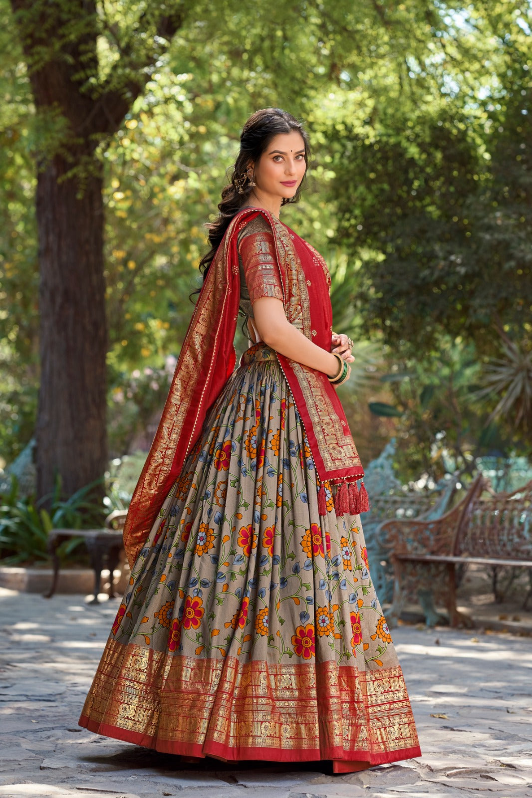 Captivating Kalamkari Print Gray Color Wedding Lehenga Choli