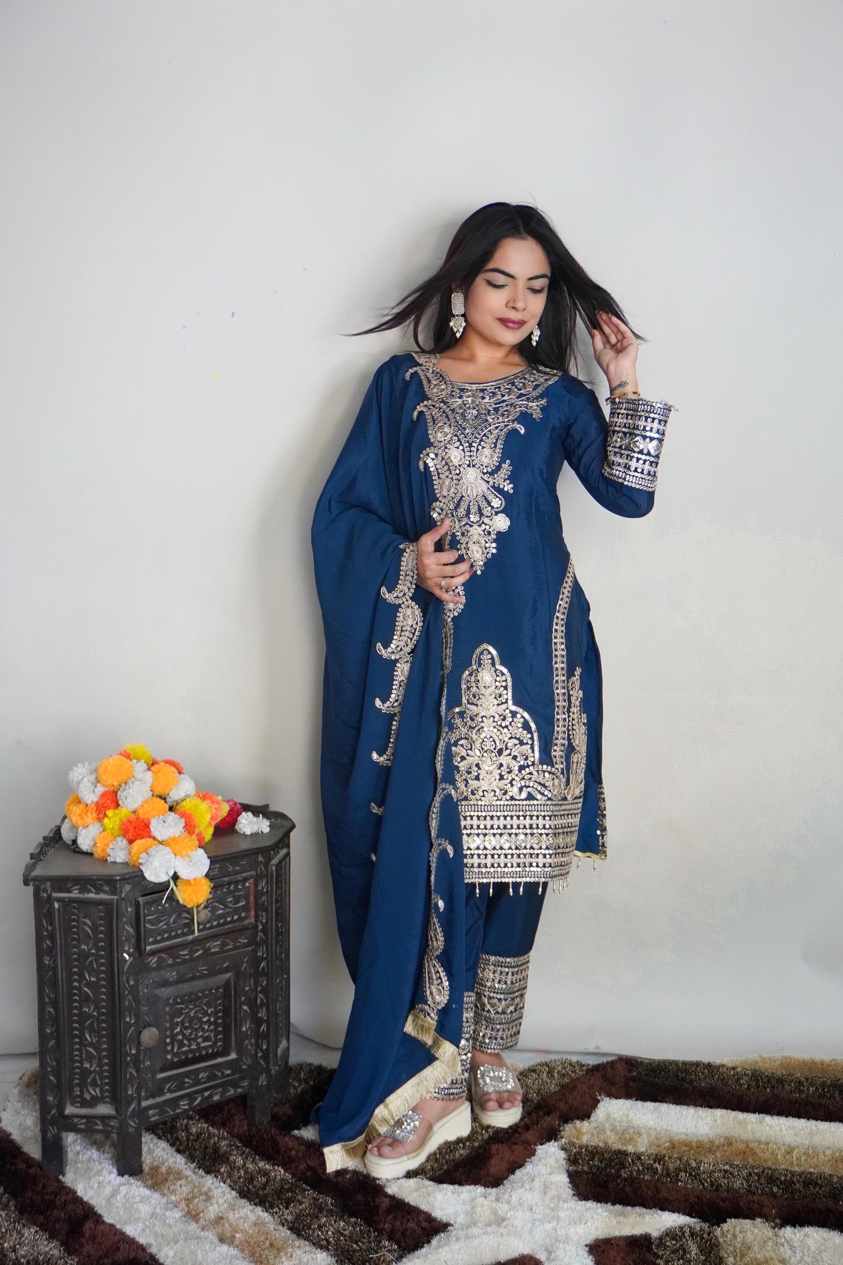 Luxuriant Navy Blue Color Embroidery Work Salwar Suit