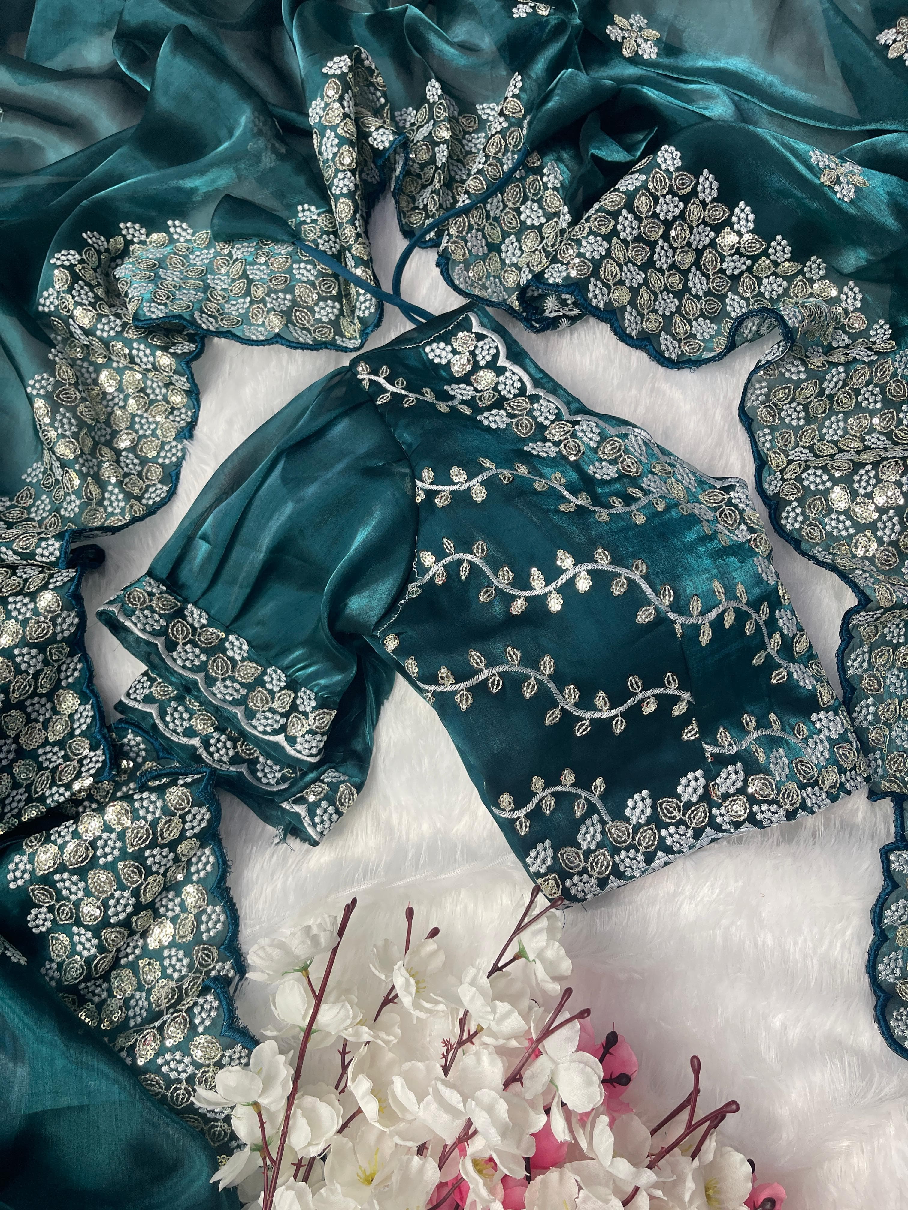 Beautiful Work Teal Blue Color Saree With Blouse